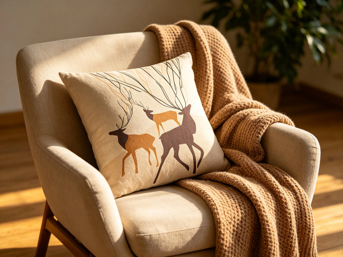 The sofa corner — faux-linen pillow, afternoon light