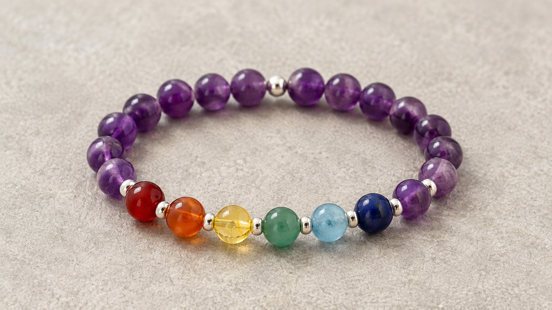 Seven chakra gemstone bracelet with red, orange, yellow, green, blue, indigo, and violet beads