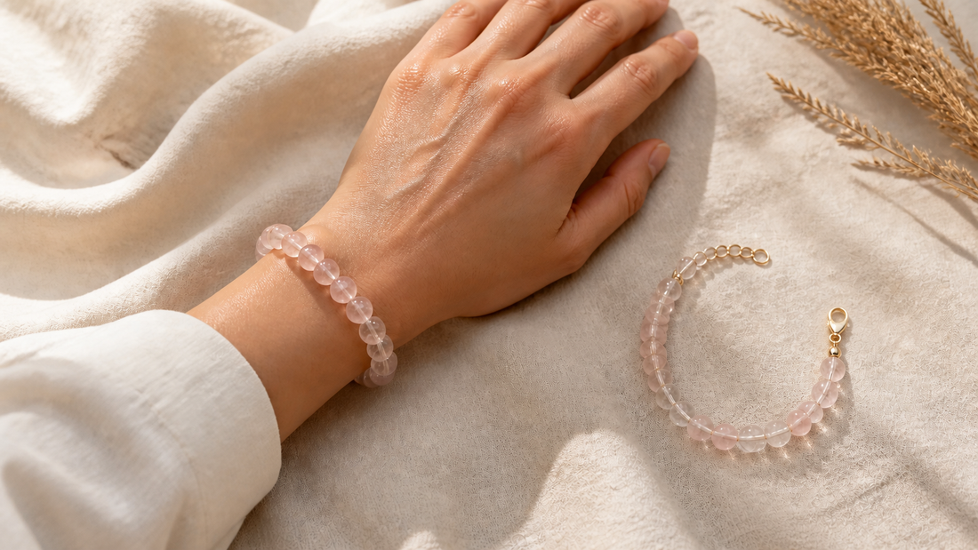 Closed elastic rose quartz bracelet on a wrist beside an open rose quartz bracelet with a gold lobster clasp
