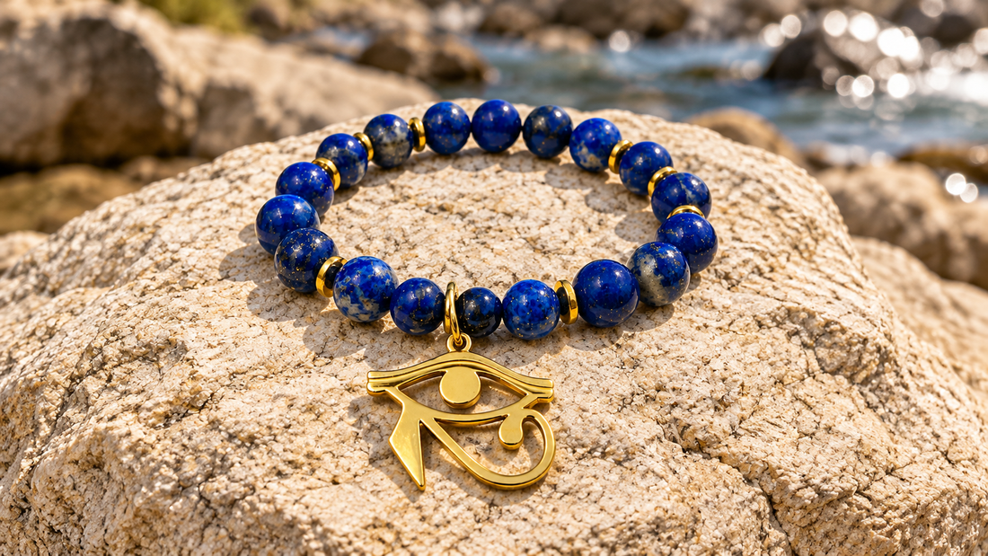 Lapis lazuli bracelet with gold spacers and a centered Eye of Horus pendant on sunlit stone