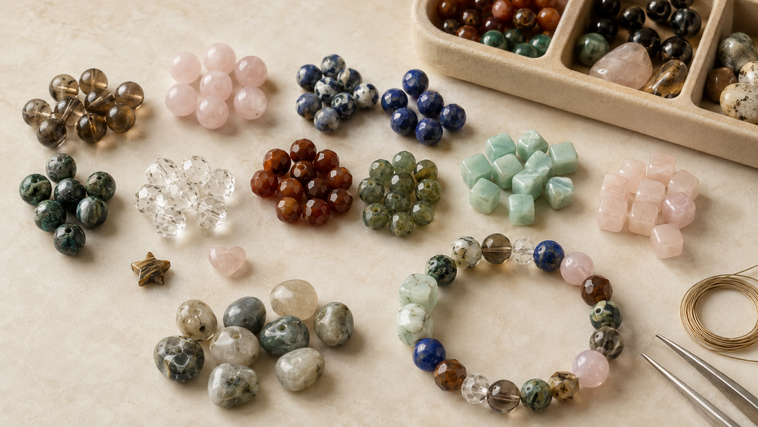 Natural gemstone beads in round, faceted, cube and freeform shapes arranged on a jewelry-making table