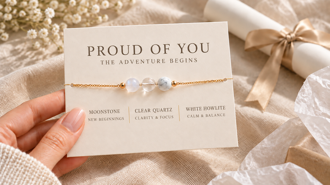 Graduation gift bracelet with moonstone, clear quartz, and white howlite