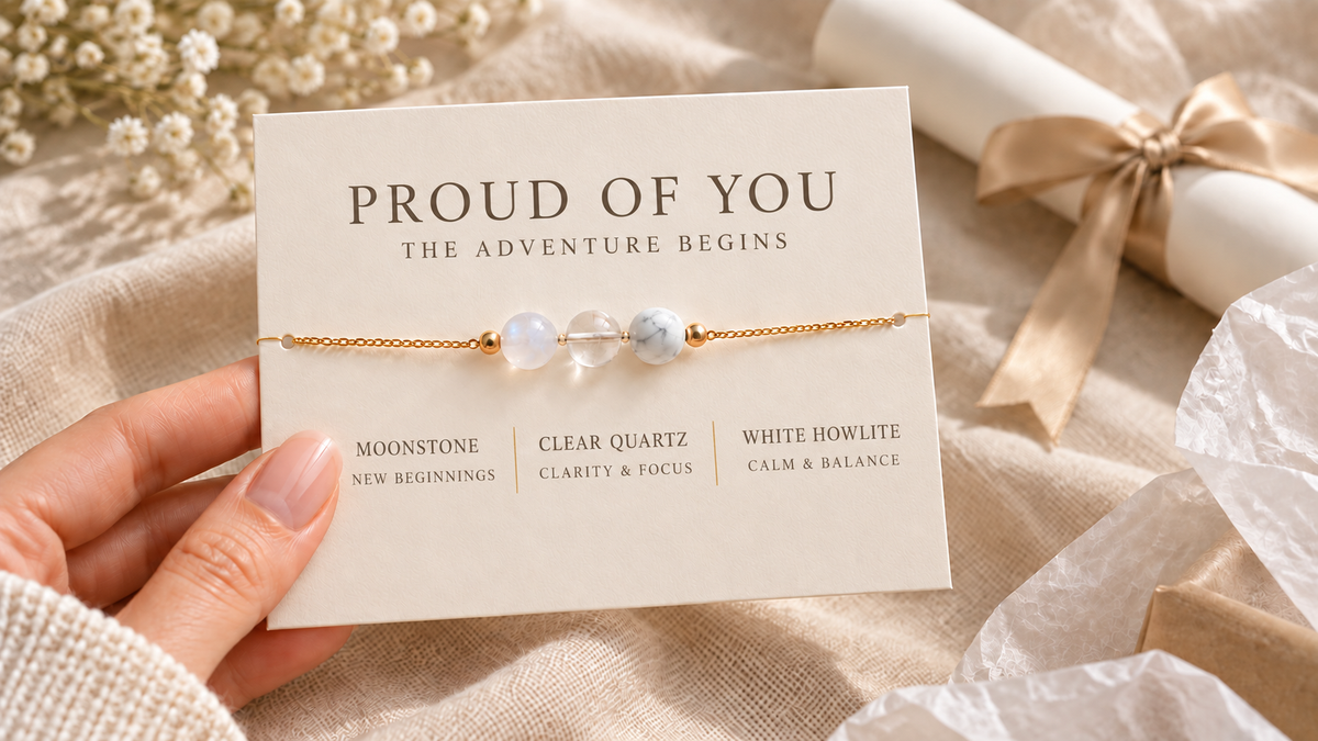 Graduation gift bracelet with moonstone, clear quartz, and white howlite