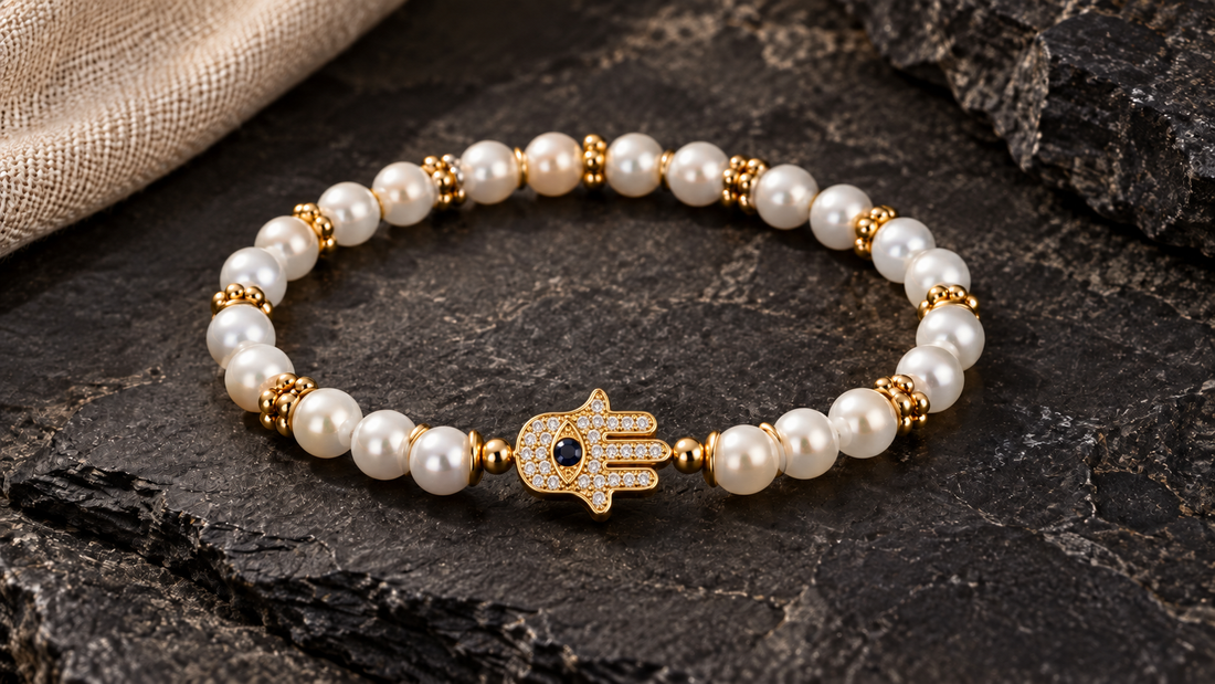 Pearl bracelet with a horizontal gold Hamsa hand centerpiece on dark stone