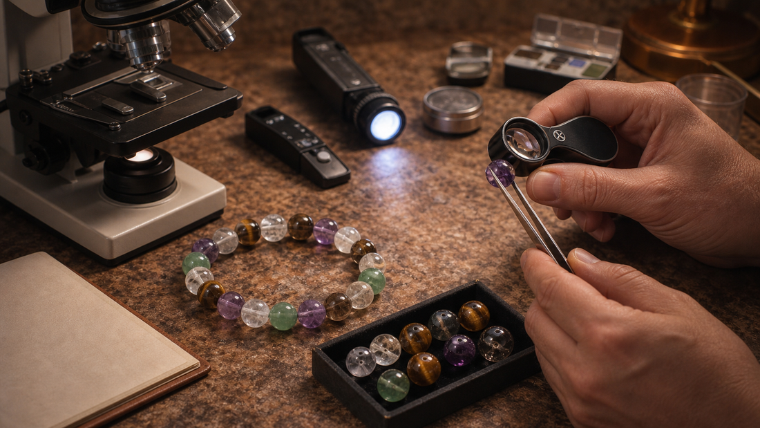 Gemologist inspecting a natural crystal bracelet bead with a loupe and tweezers at a professional workbench