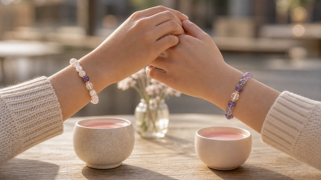 Two friends wearing complementary rose quartz and amethyst bracelets at a cafe