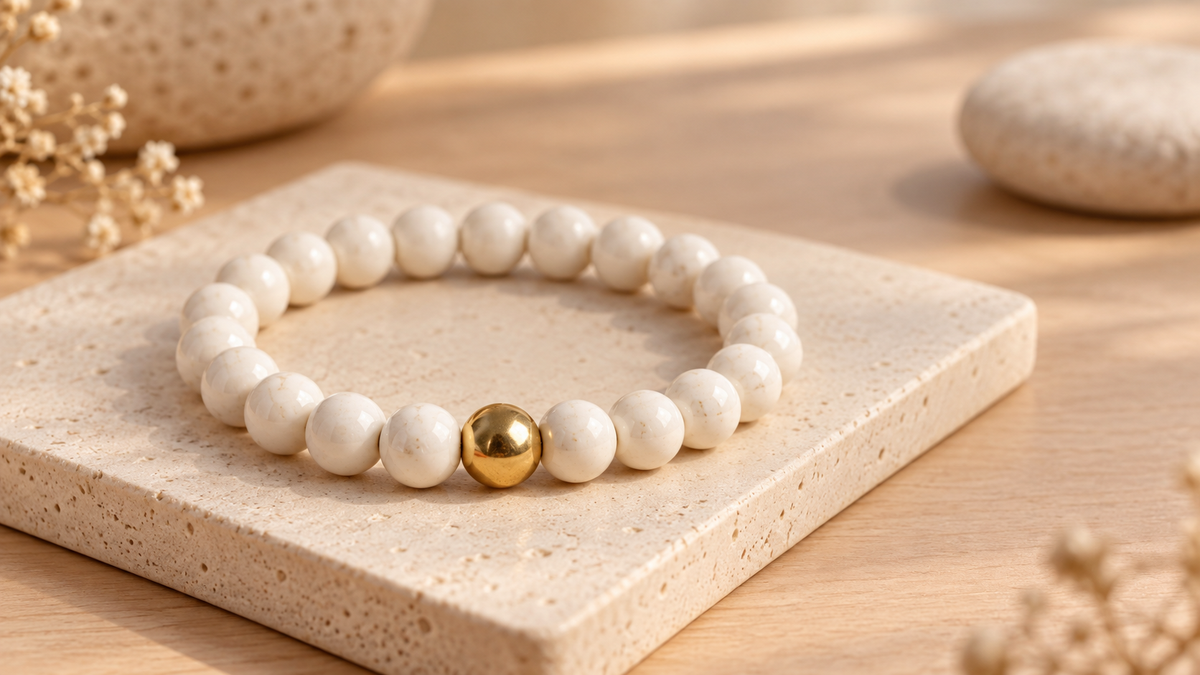 Creamy white natural stone meditation bracelet with a single polished gold marker bead on warm stone