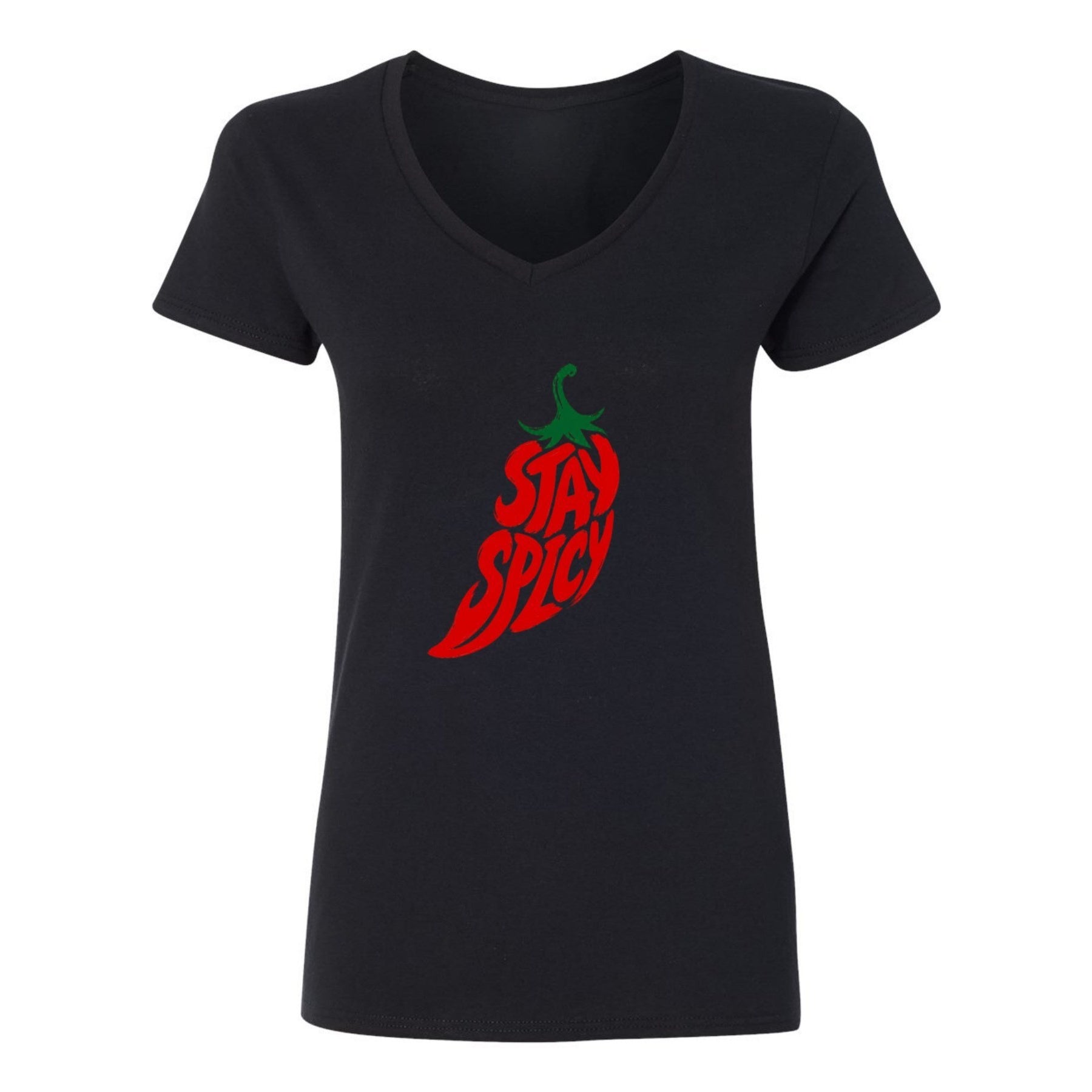 Stay Spicy Chili Women’s V-Neck Graphic Tee - black - 正面
