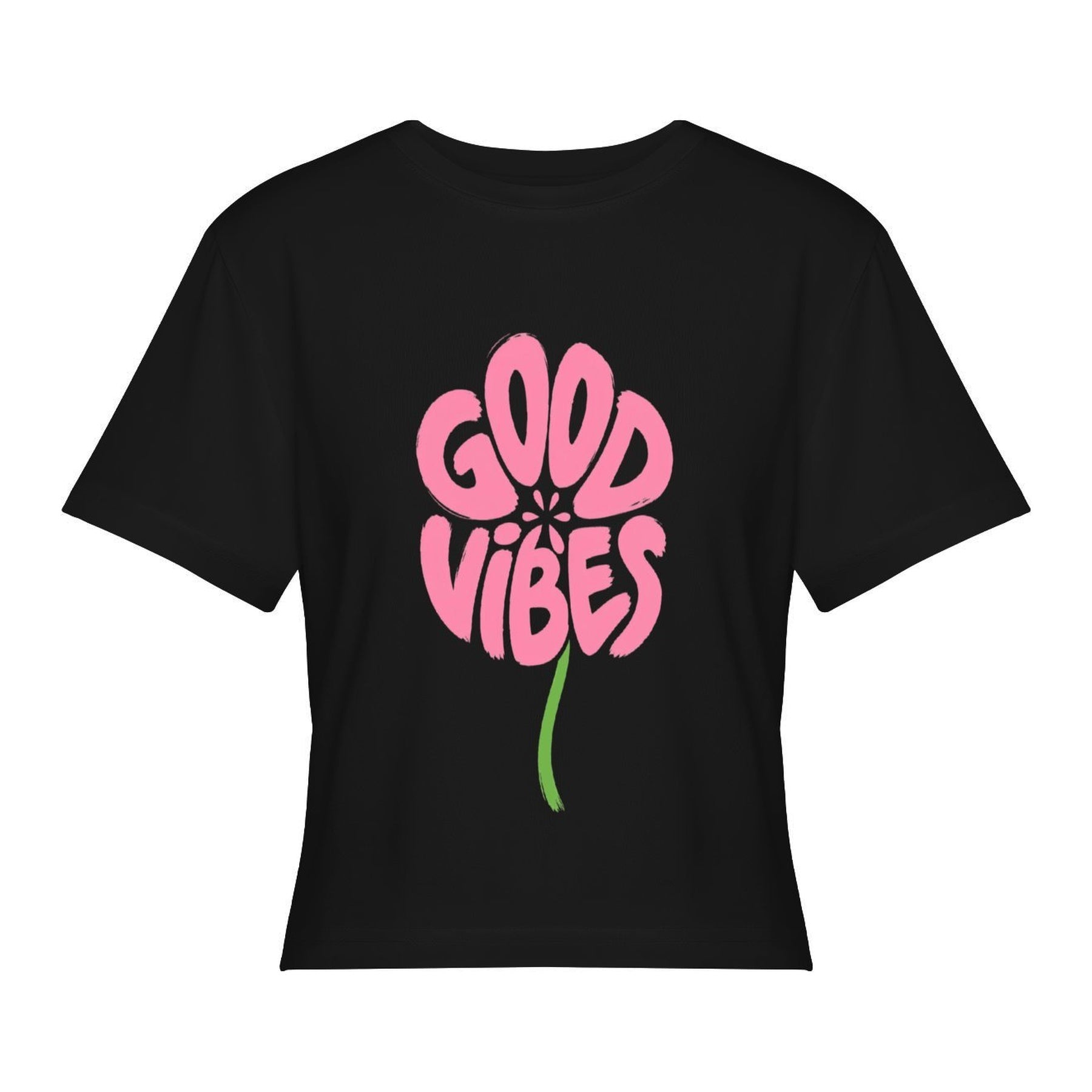 Good Vibes Flower Women’s Stretch Crop Graphic Tee - black - 正面