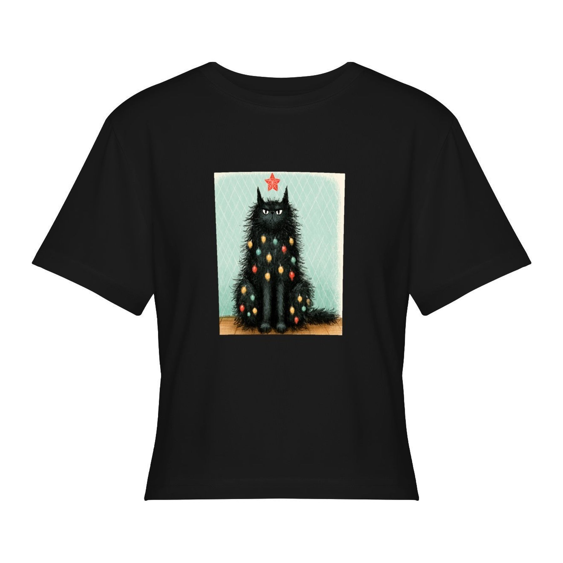 Starry Black Cat Women’s Stretch Crop Graphic Tee - black - 正面