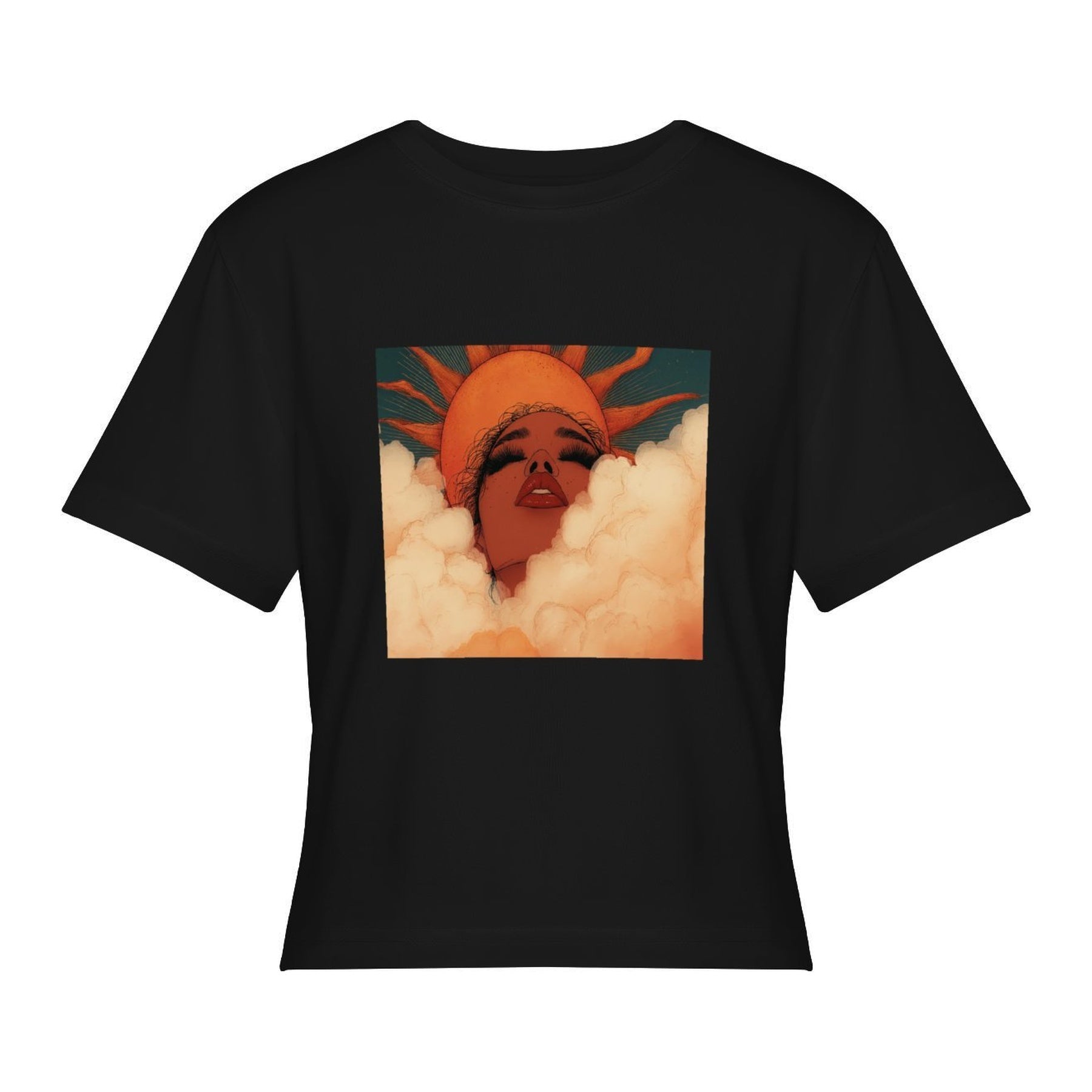 Retro Sunset Portrait Women’s Stretch Crop Graphic Tee - black - 正面