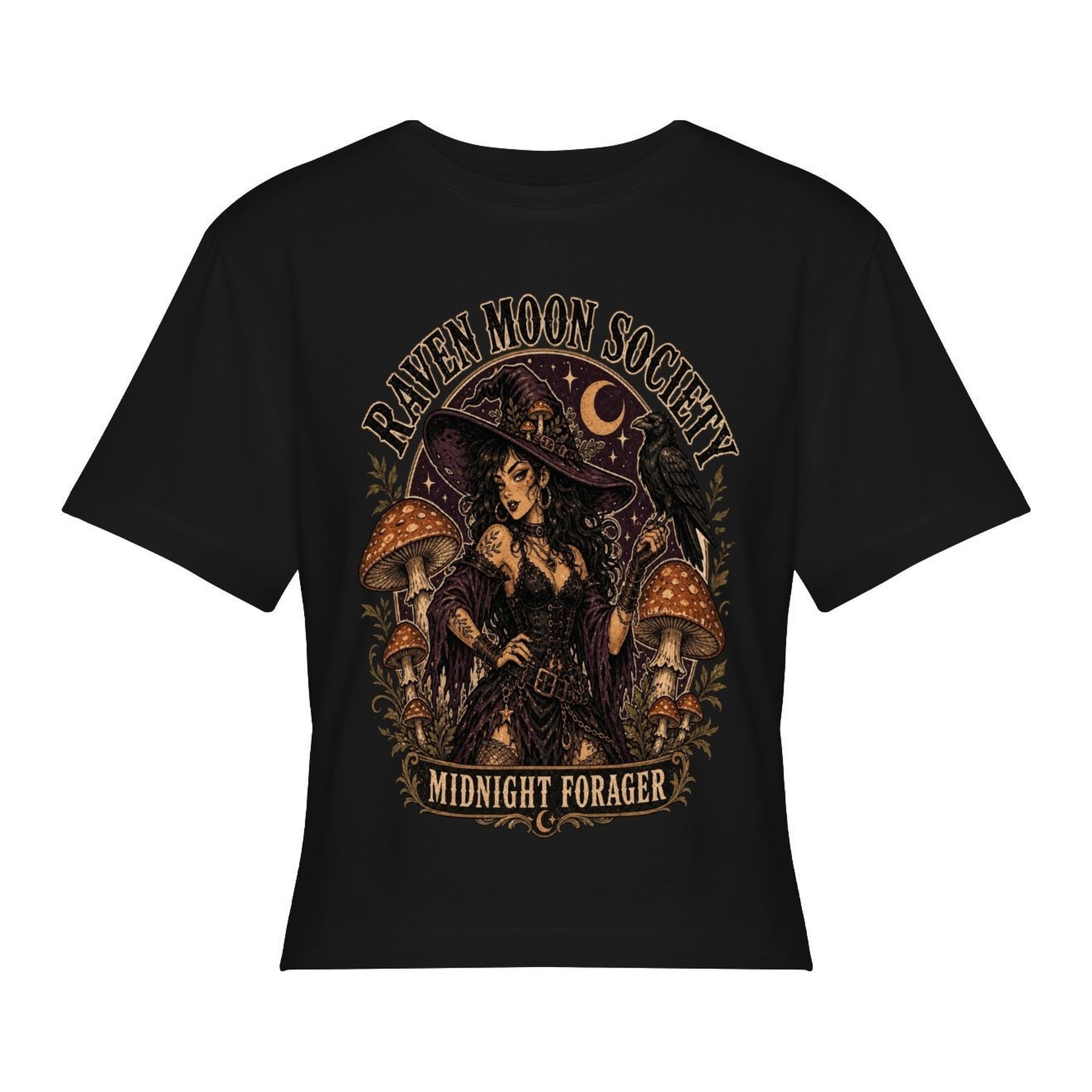 Raven Moon Society Women’s Stretch Crop Graphic Tee - black - 正面