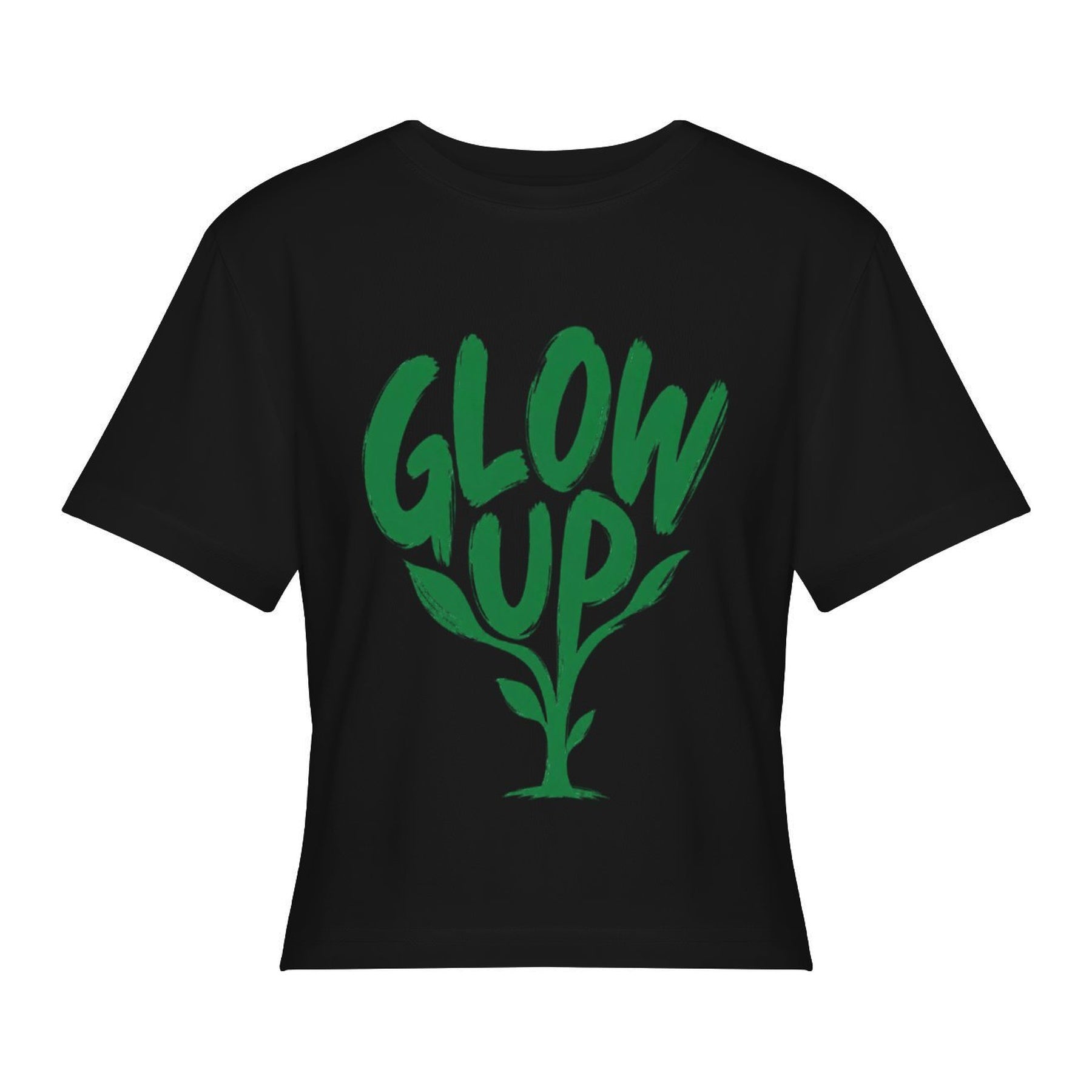 Glow Up Cactus Women’s Stretch Crop Graphic Tee - black - 正面