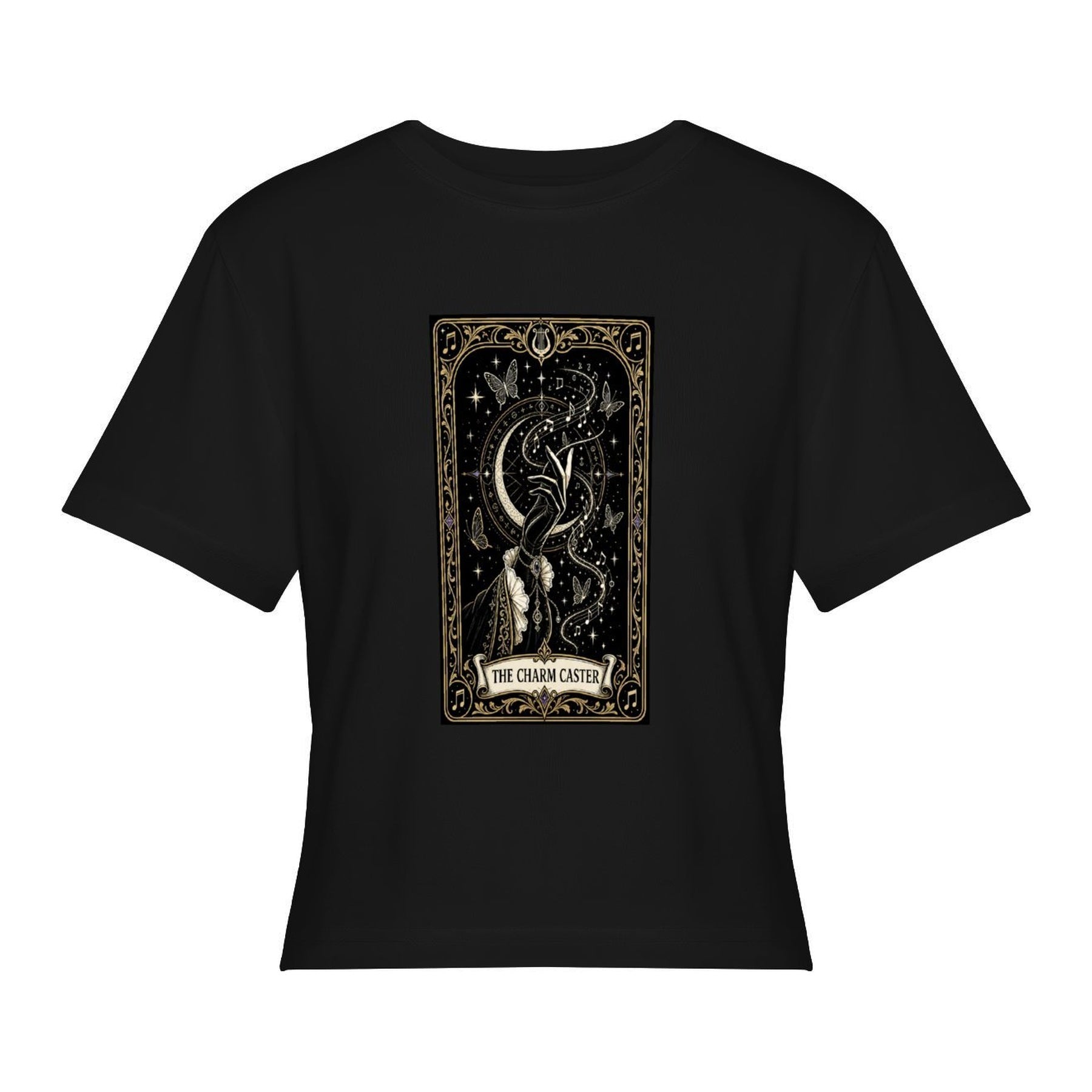 Moon Tarot Card Women’s Stretch Crop Graphic Tee - black - 正面