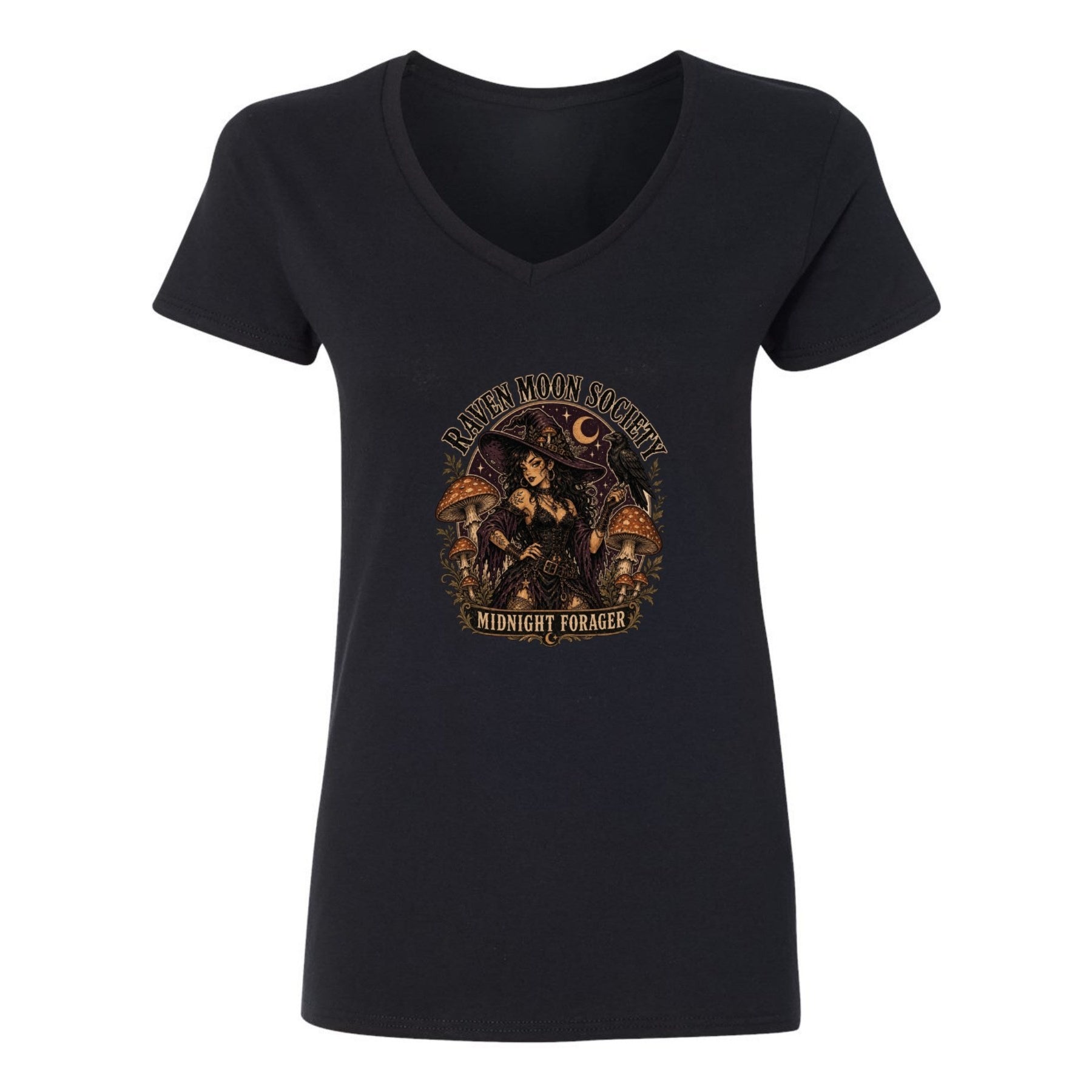 Raven Moon Society Women’s V-Neck Graphic Tee - black - 正面