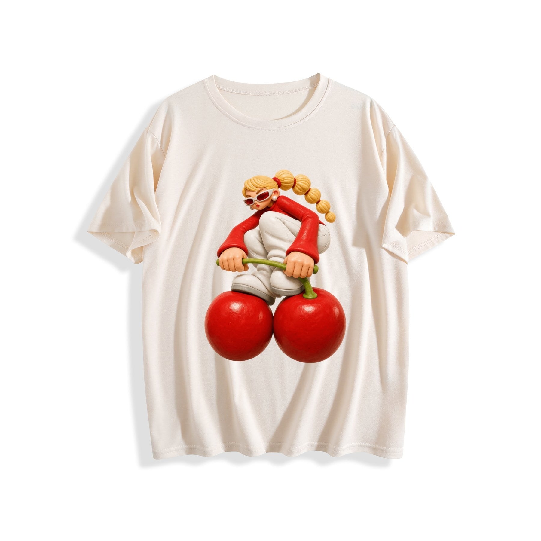 Cherry Character Women’s Graphic Tee - Light apricot - 正面