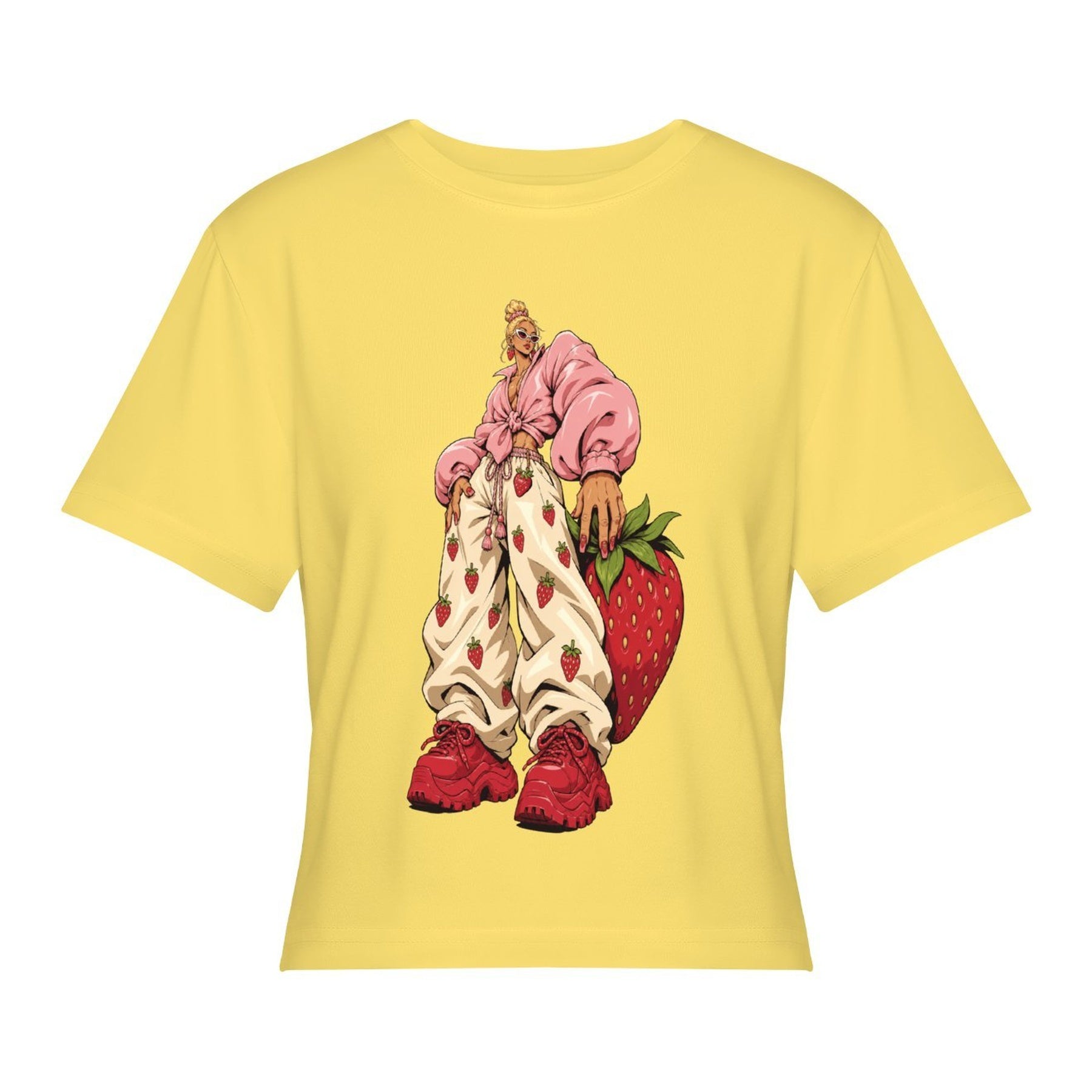 Strawberry Mushroom Women’s Stretch Crop Graphic Tee - lemon yellow - 正面