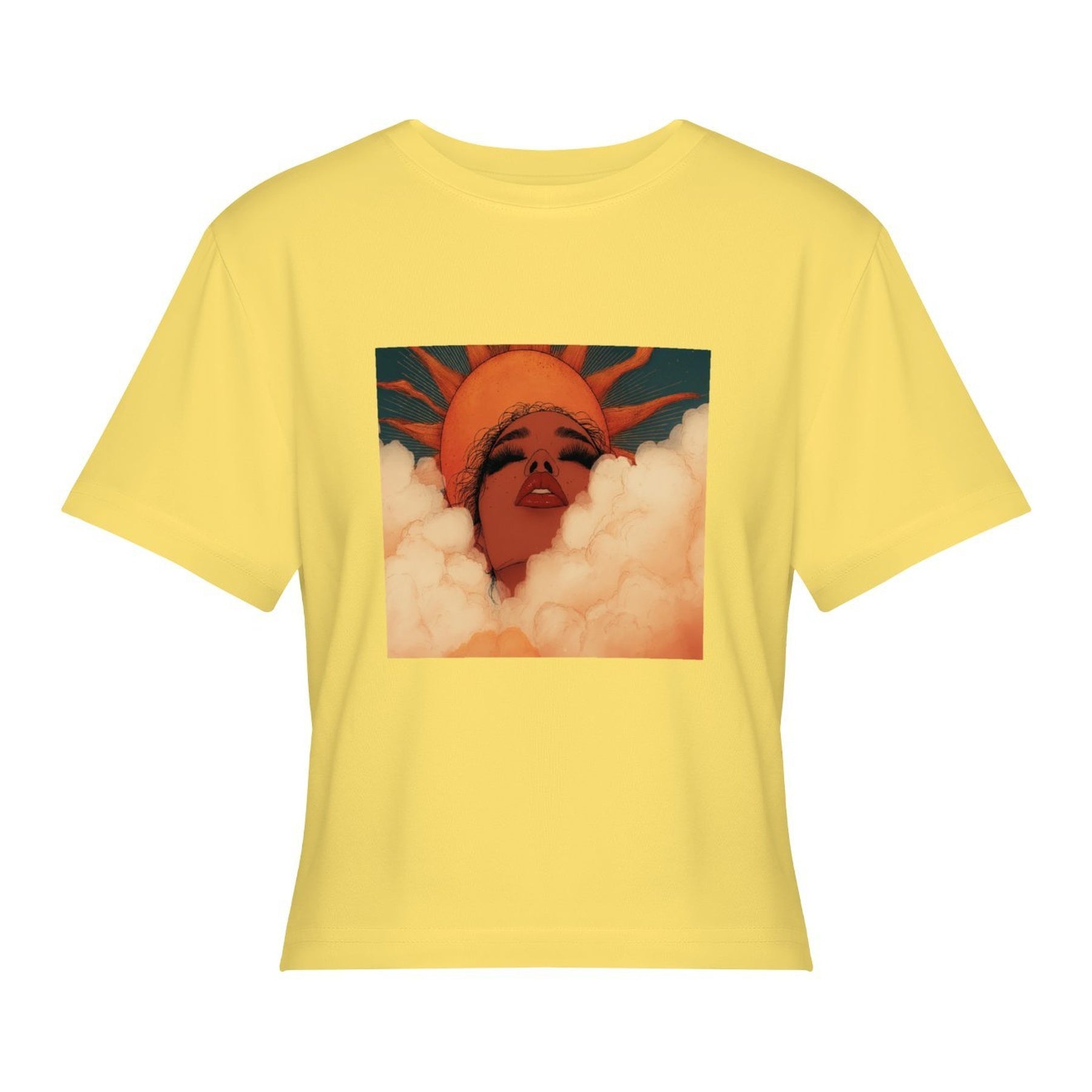 Retro Sunset Portrait Women’s Stretch Crop Graphic Tee - lemon yellow - 正面