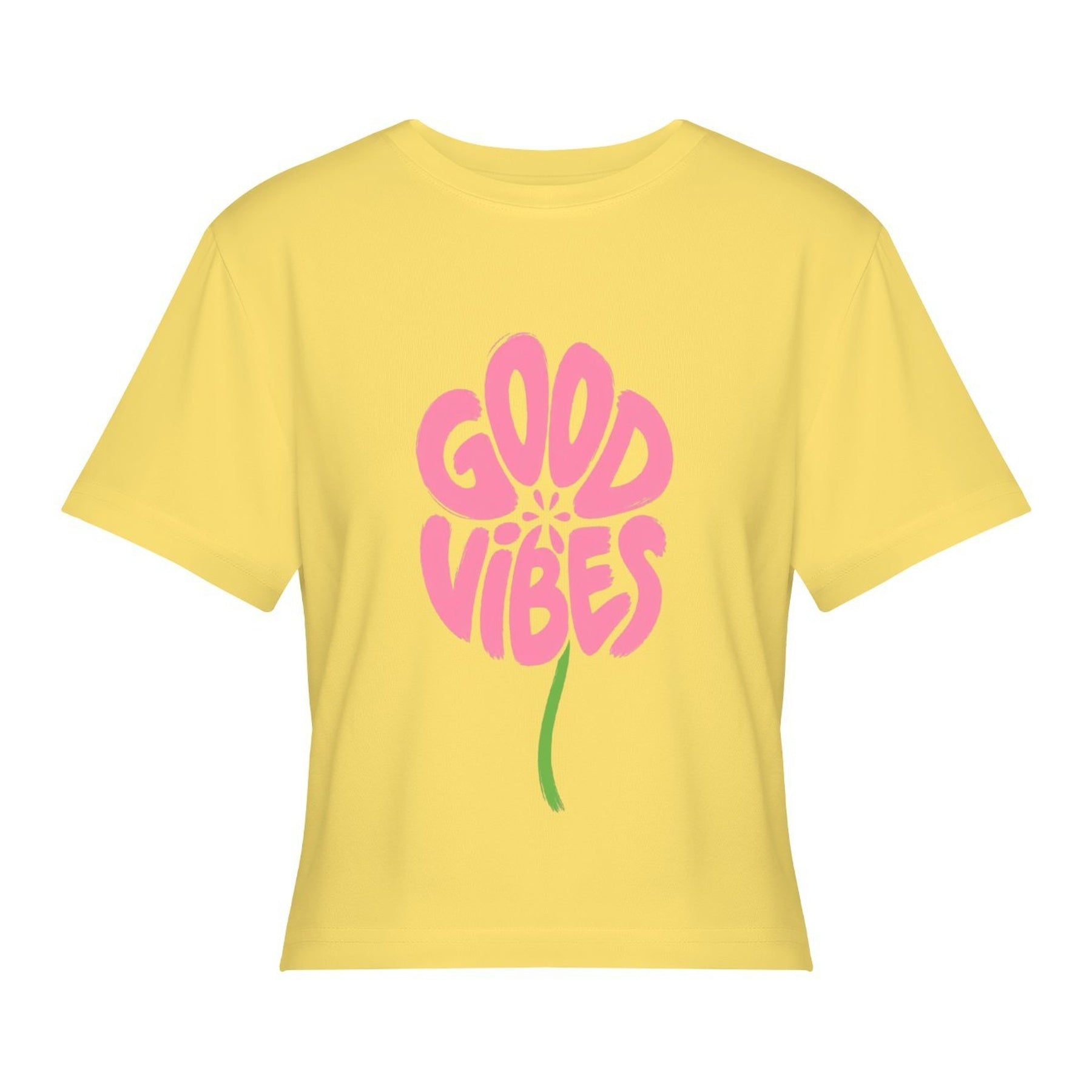 Good Vibes Flower Women’s Stretch Crop Graphic Tee - lemon yellow - 正面