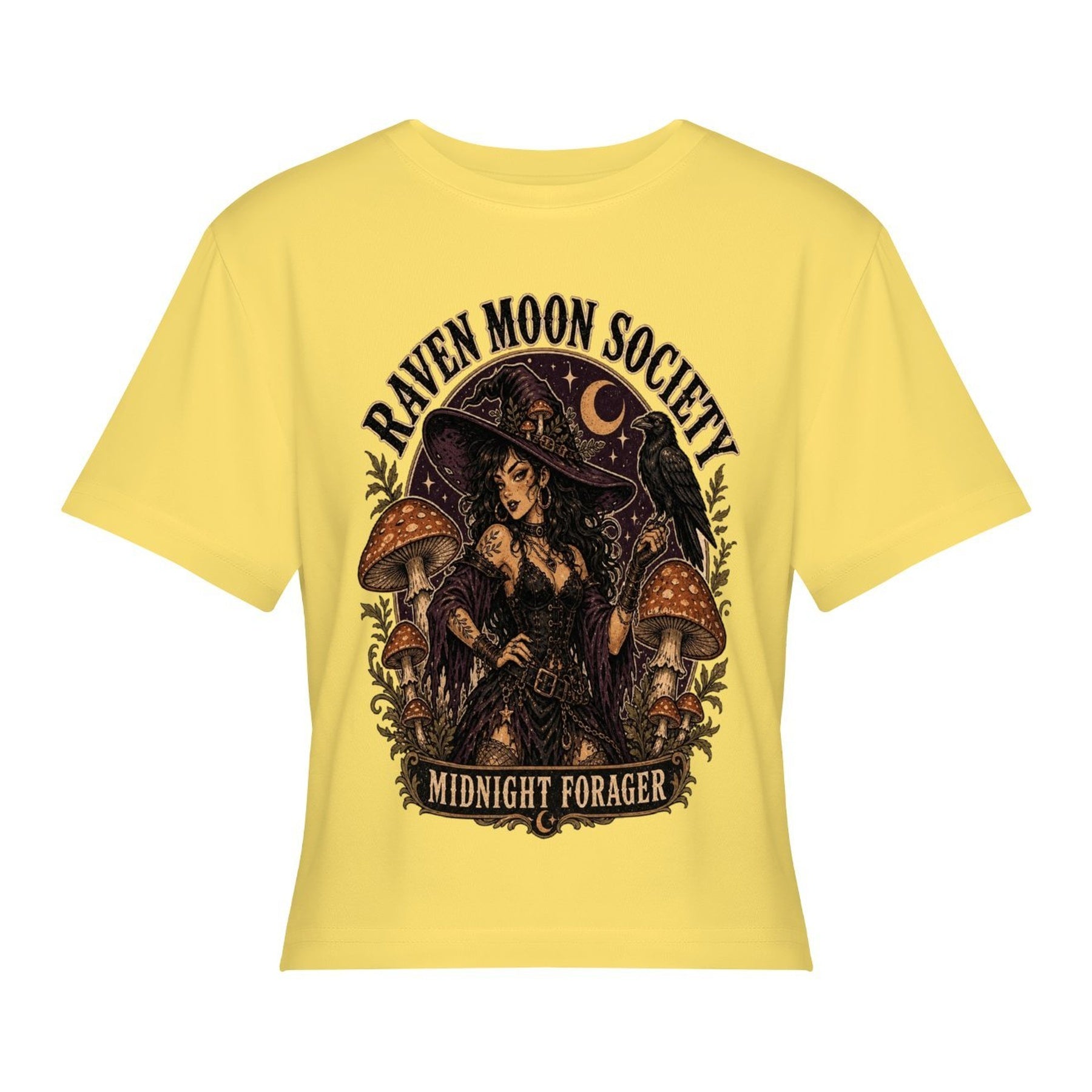 Raven Moon Society Women’s Stretch Crop Graphic Tee - lemon yellow - 正面