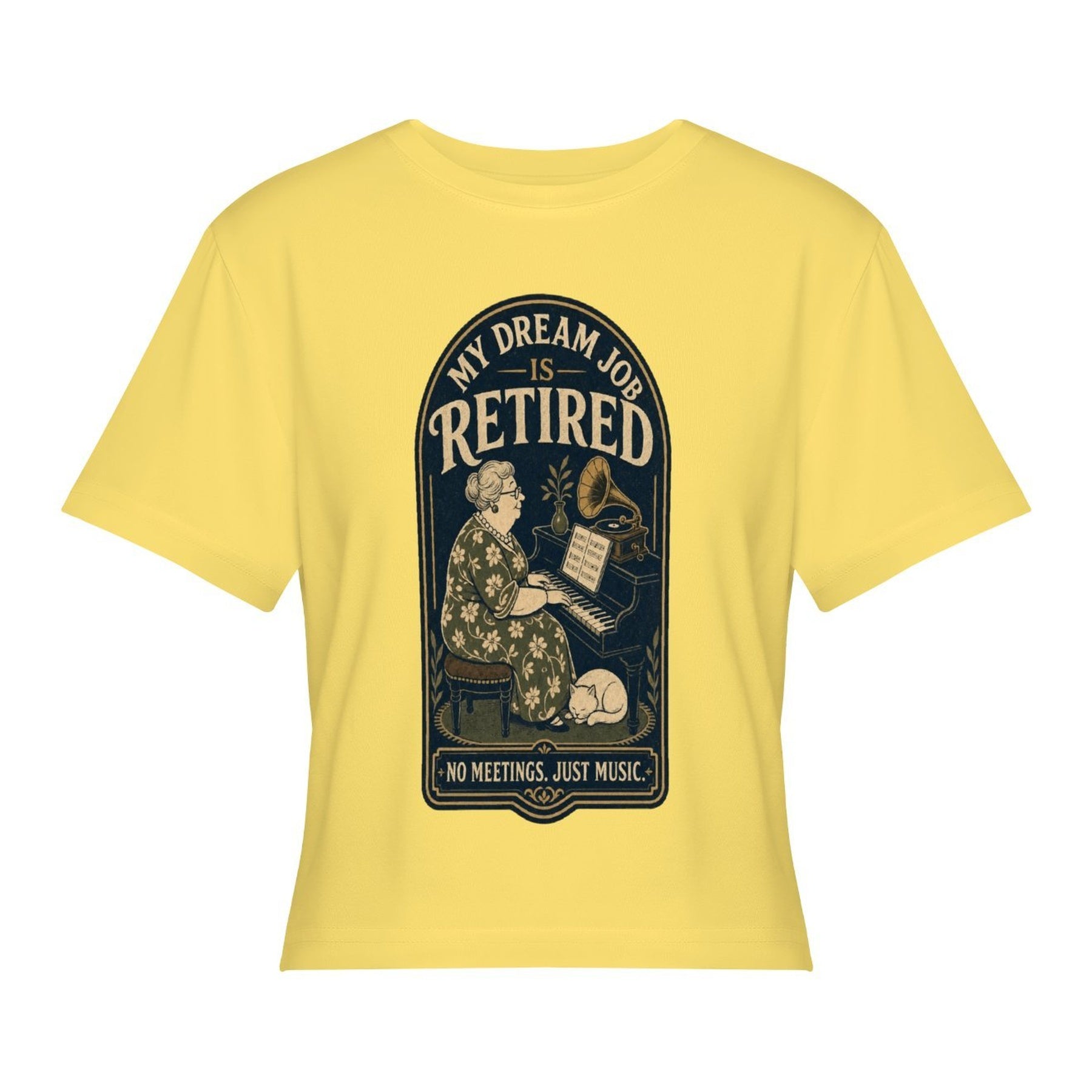 Retired Skeleton Women’s Stretch Crop Graphic Tee - lemon yellow - 正面