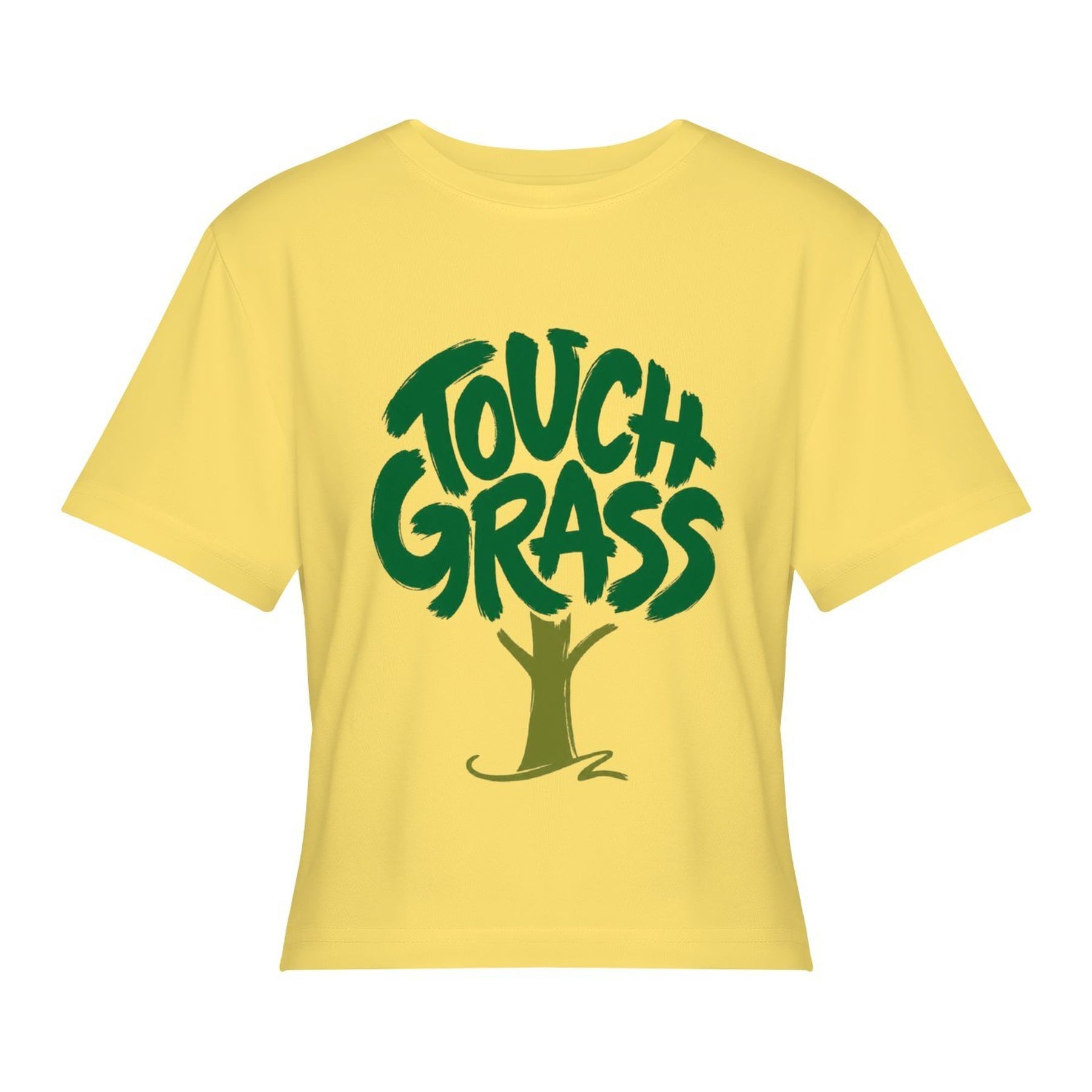 Touch Grass Women’s Stretch Crop Graphic Tee - lemon yellow - 正面