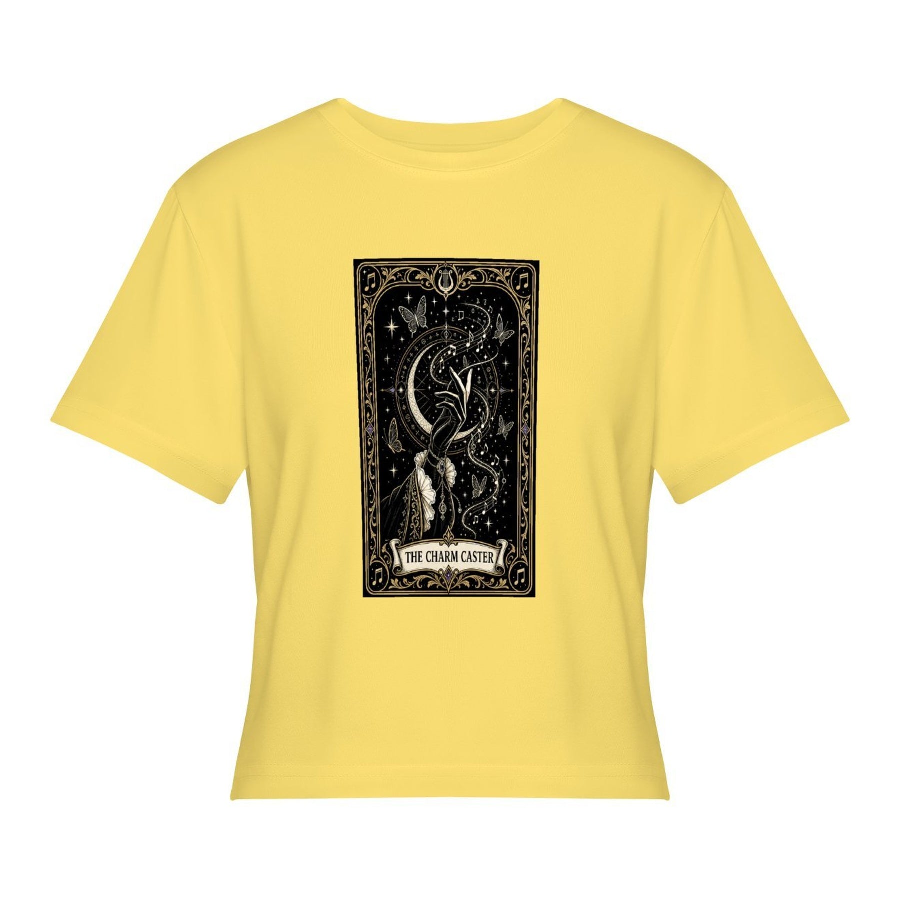 Moon Tarot Card Women’s Stretch Crop Graphic Tee - lemon yellow - 正面