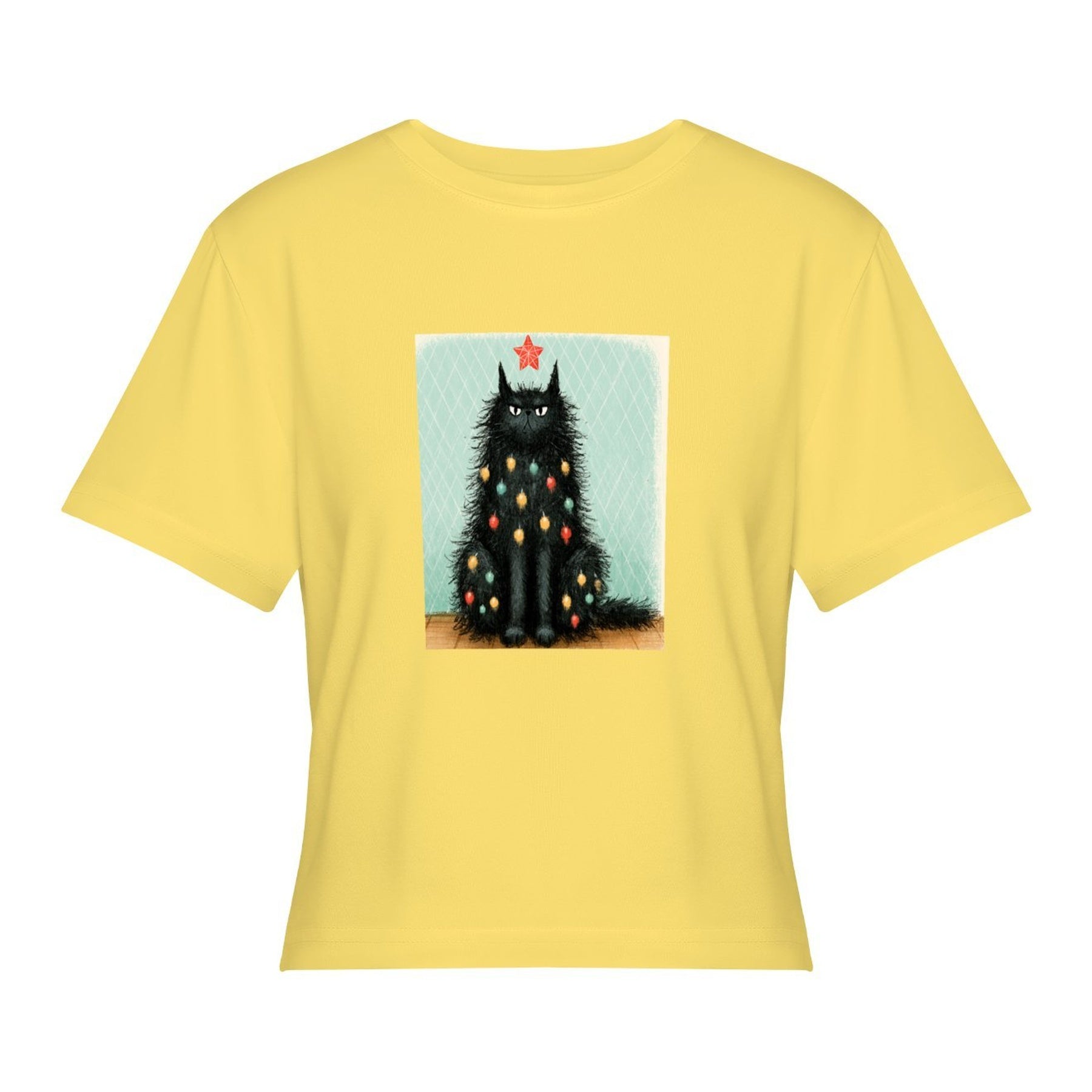 Starry Black Cat Women’s Stretch Crop Graphic Tee - lemon yellow - 正面