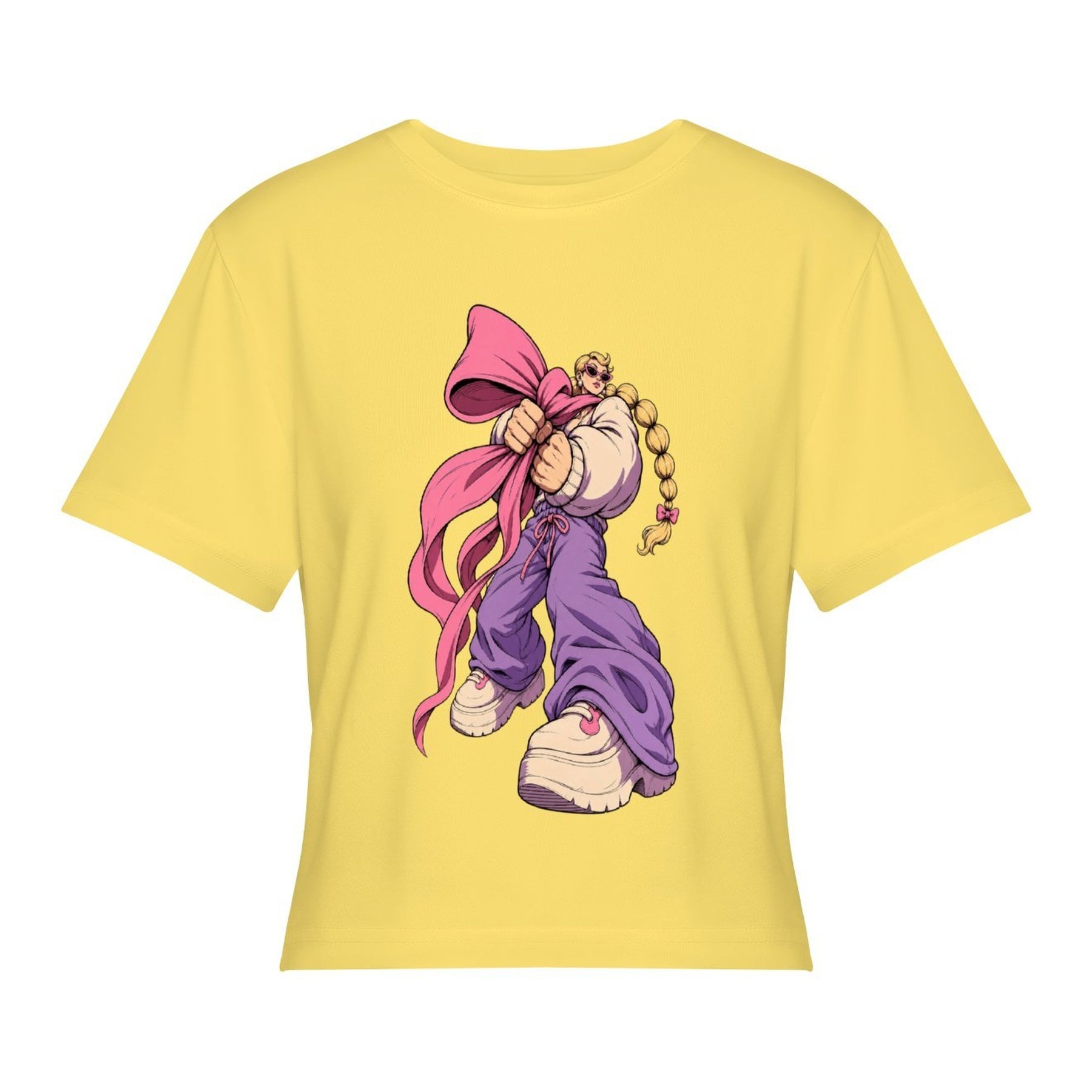 Bow Unicorn Women’s Stretch Crop Graphic Tee - lemon yellow - 正面