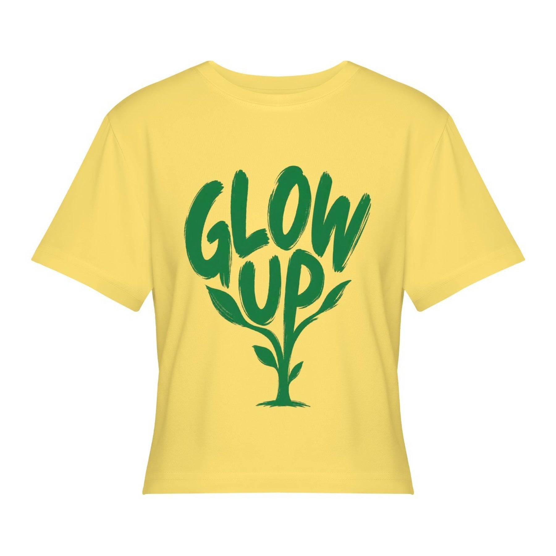 Glow Up Cactus Women’s Stretch Crop Graphic Tee - lemon yellow - 正面