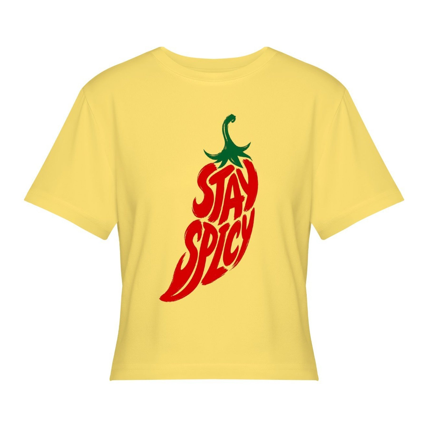 Stay Spicy Chili Women’s Stretch Crop Graphic Tee - lemon yellow - 正面