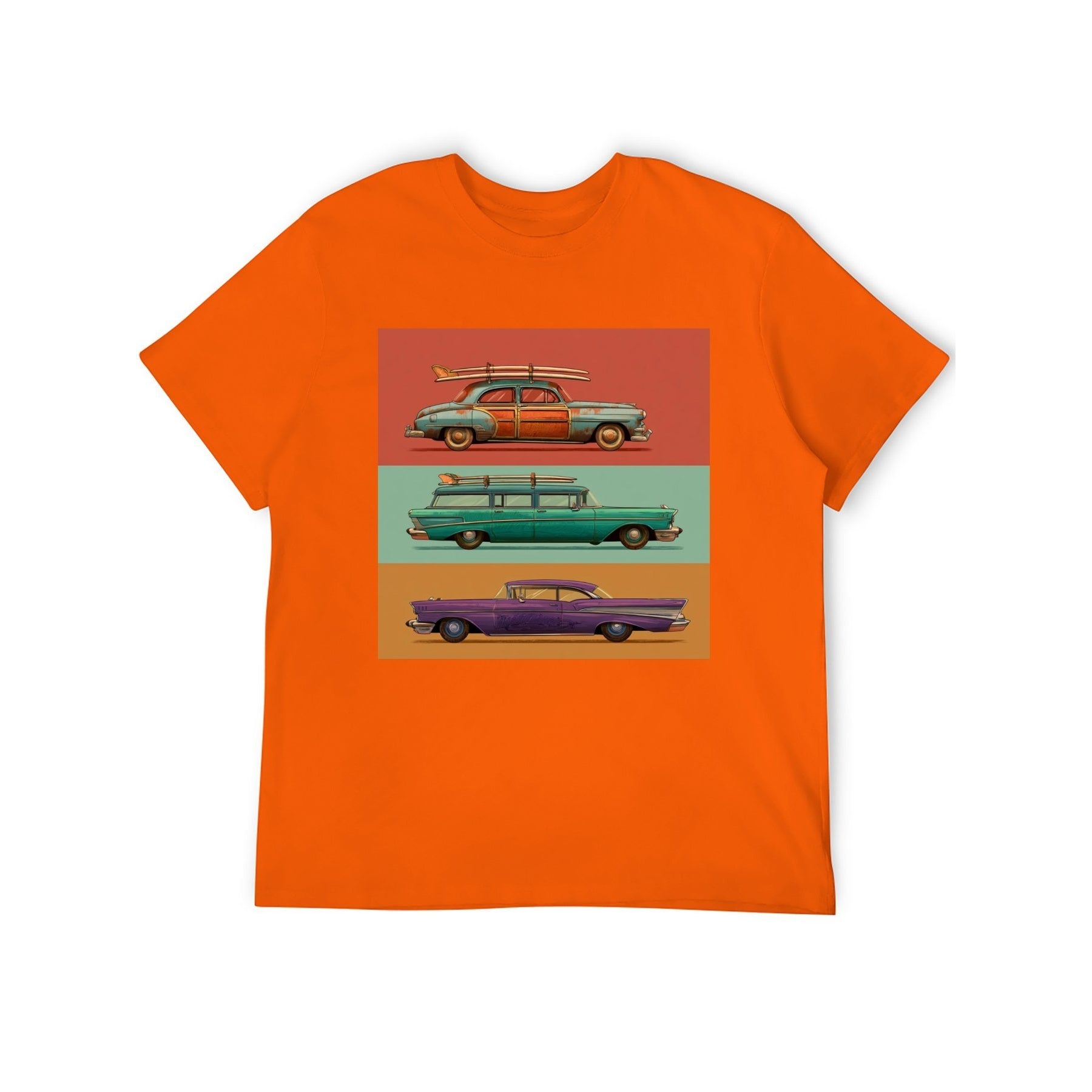 Retro Cars Poster Unisex Graphic Tee - Tangerine - 正面
