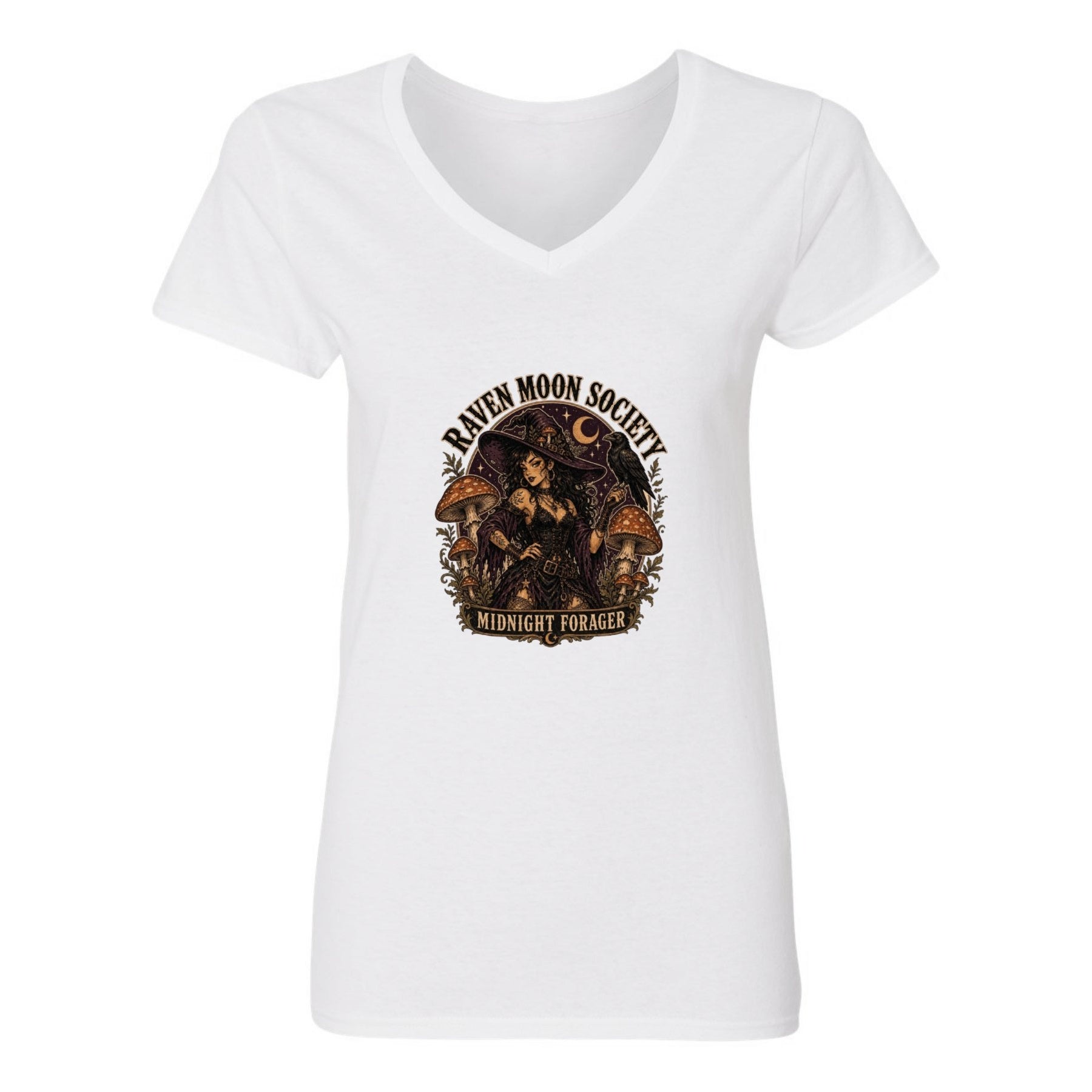 Raven Moon Society Women’s V-Neck Graphic Tee - white - 正面