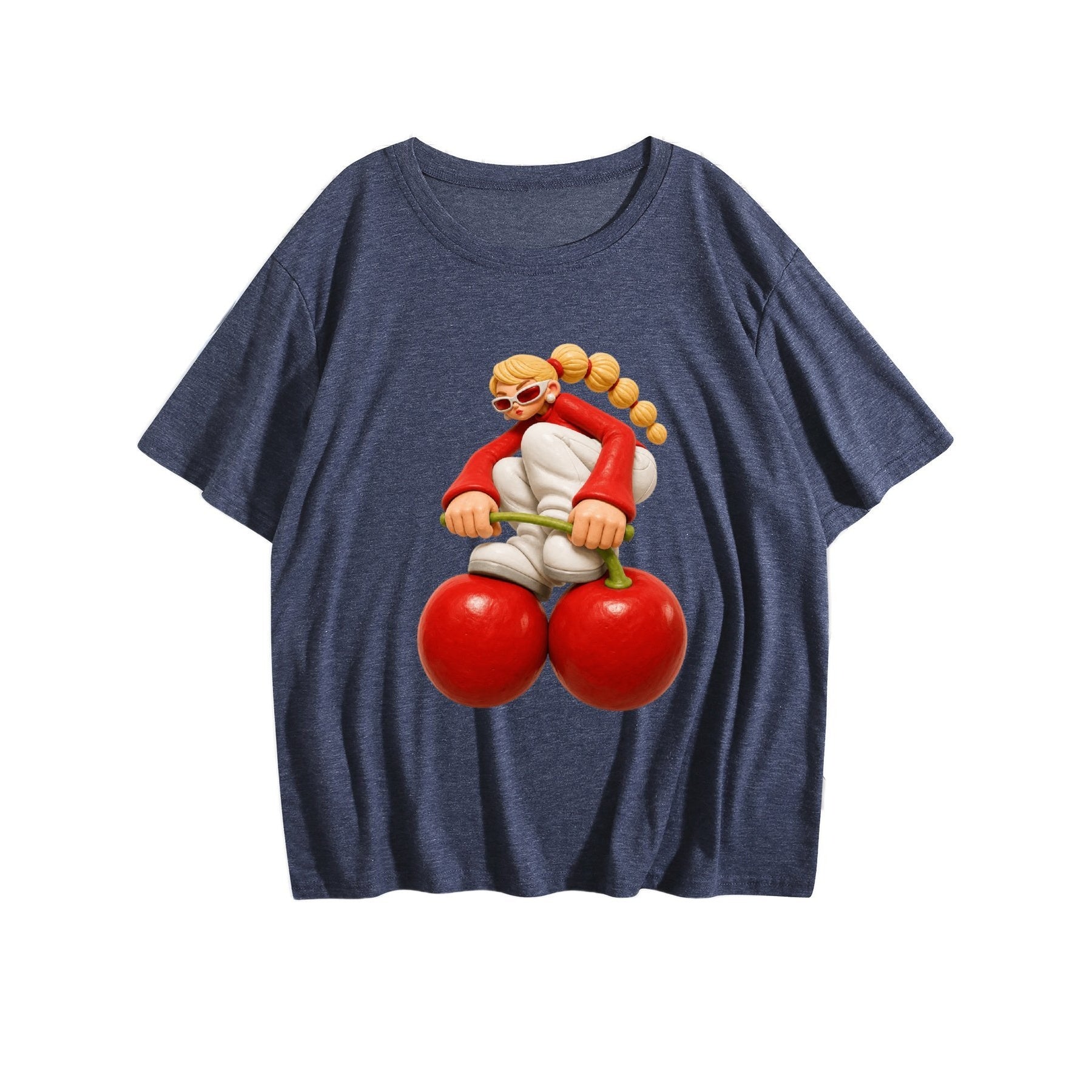 Cherry Character Women’s Graphic Tee - Middle navy blue - 正面