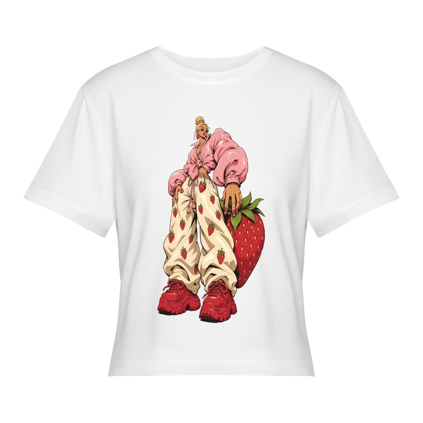 Strawberry Mushroom Women’s Stretch Crop Graphic Tee - white - 正面