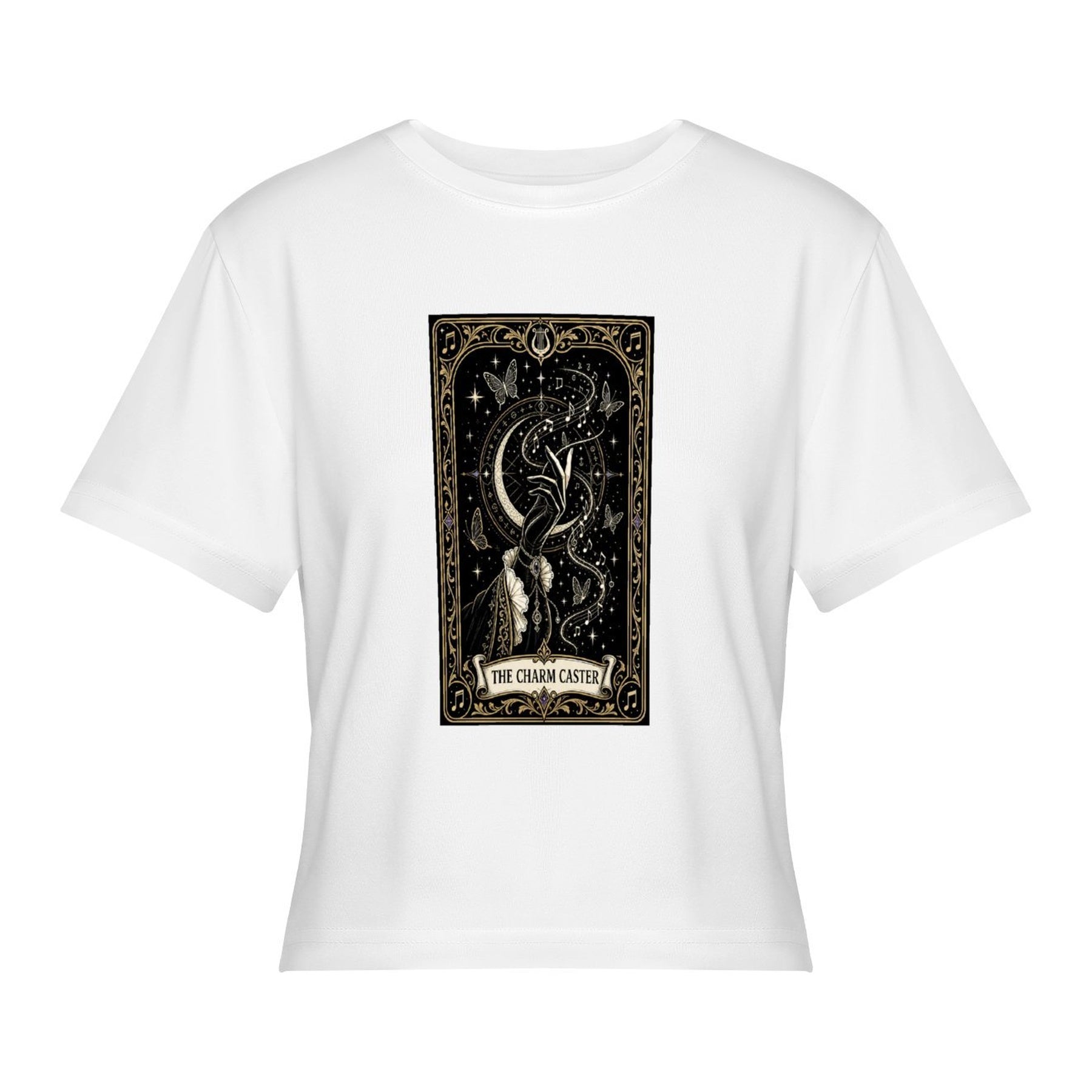 Moon Tarot Card Women’s Stretch Crop Graphic Tee - white - 正面