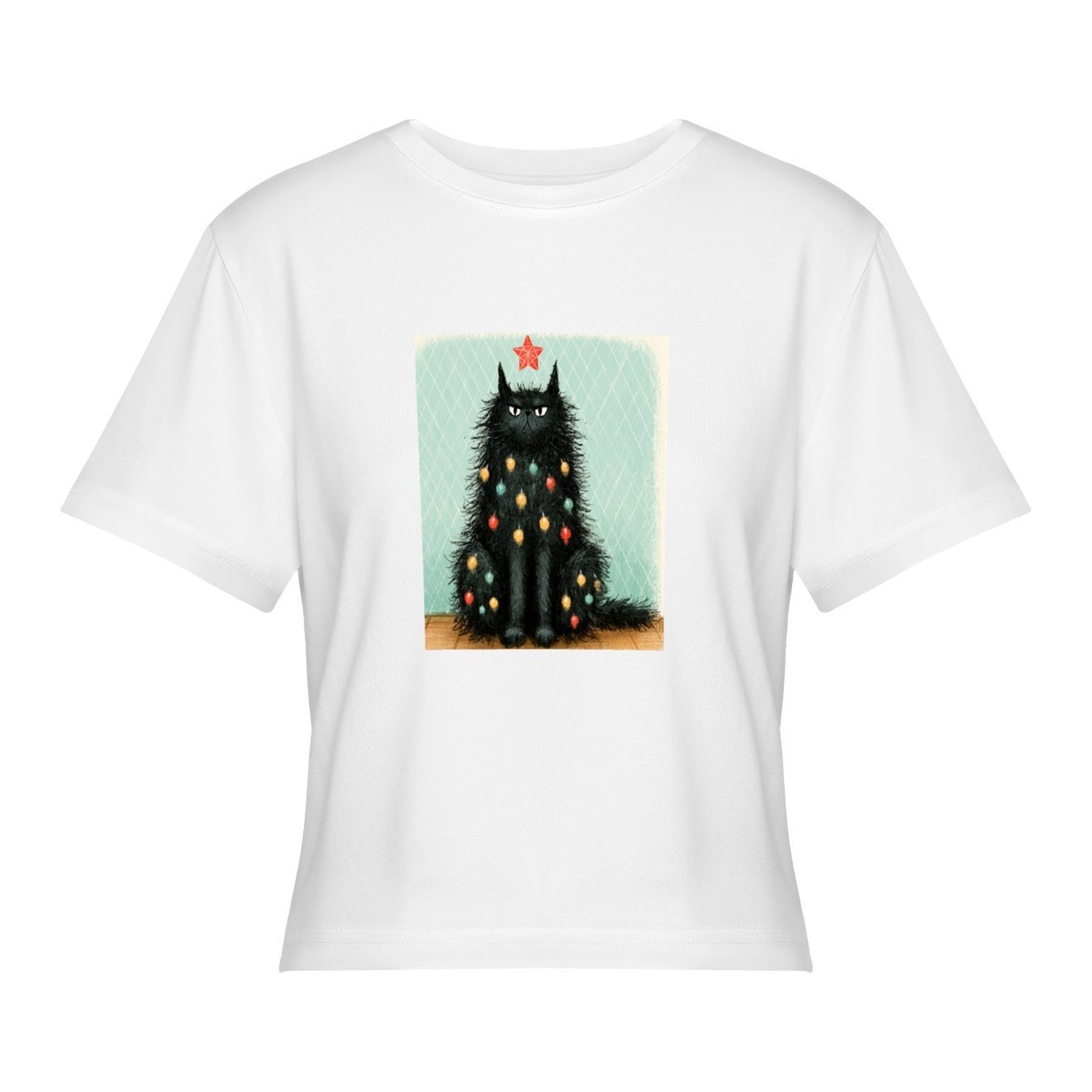 Starry Black Cat Women’s Stretch Crop Graphic Tee - white - 正面