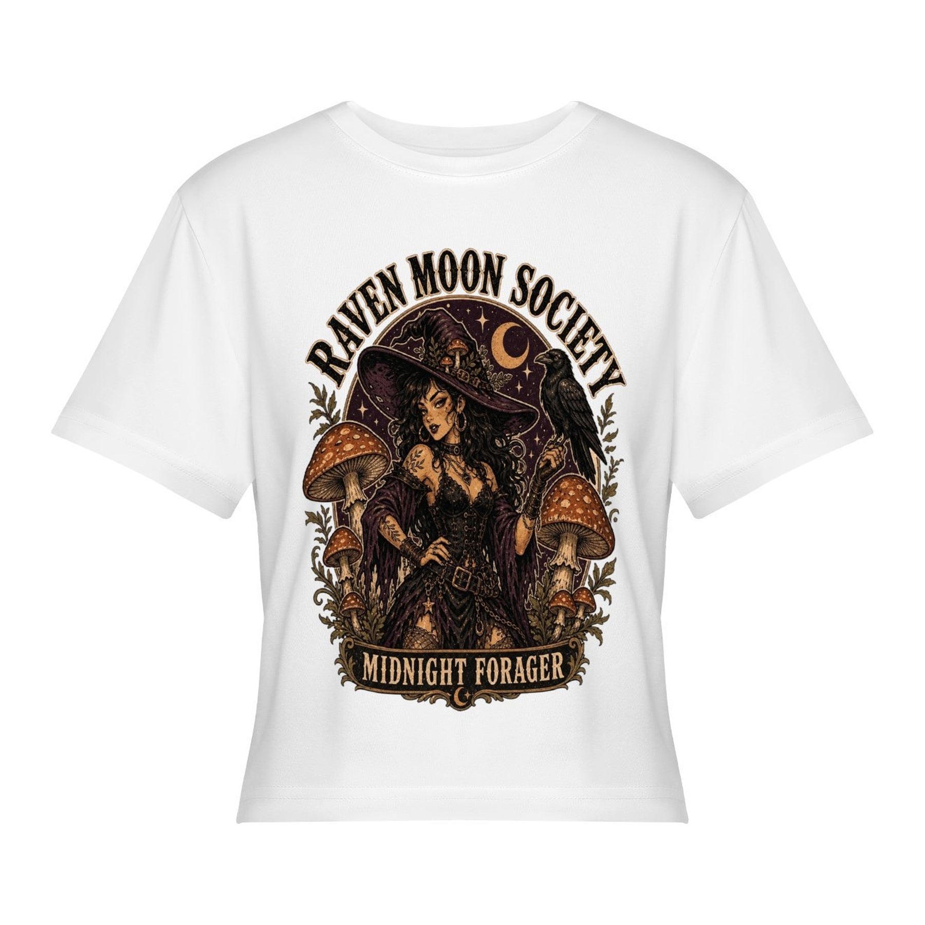 Raven Moon Society Women’s Stretch Crop Graphic Tee - white - 正面