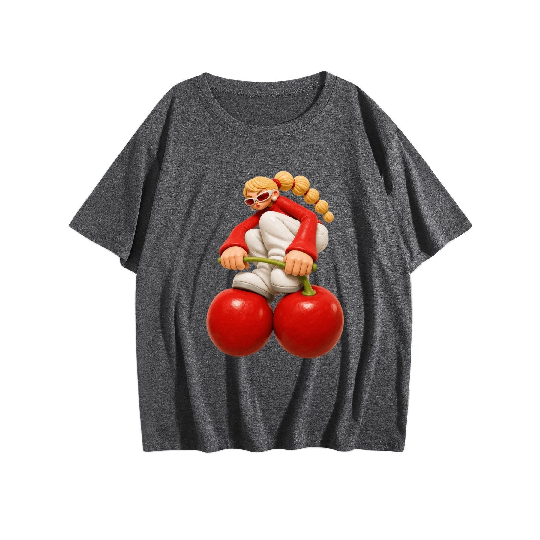 Cherry Character Women’s Graphic Tee - dark grey - 正面