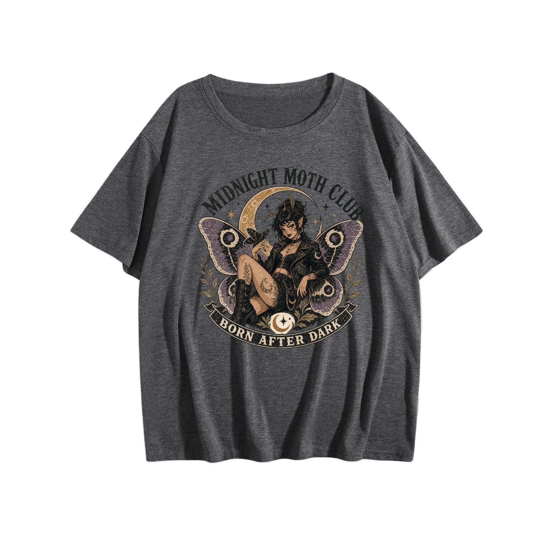 Midnight Owl Moon Women’s Graphic Tee - dark grey - 正面
