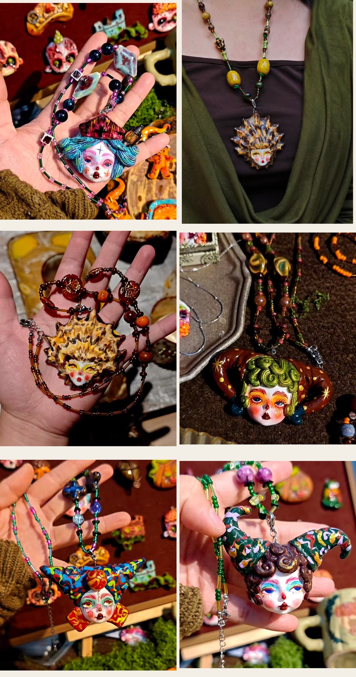 Handmade Fantasy Face Pendant Necklace — six style overview