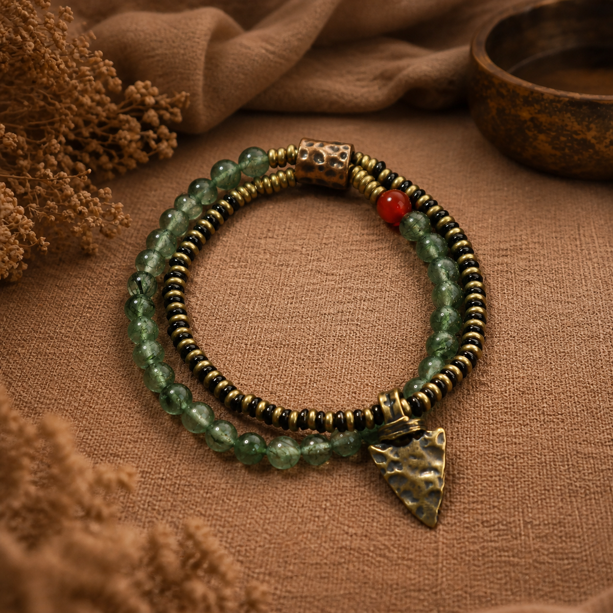 Forest Arrow Layered Bracelet — warm textile detail