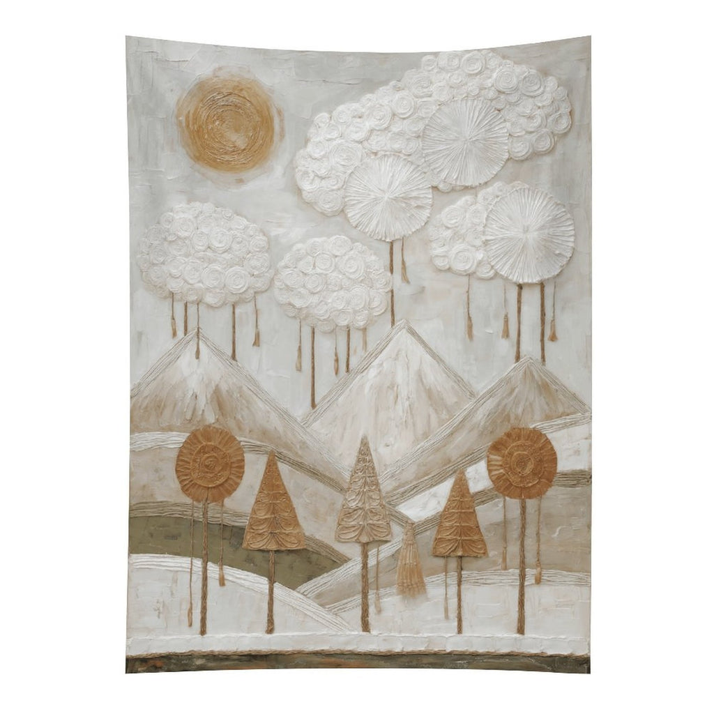 Ethereal Mountain Peaks & Sun Textured Wall Tapestry (Portrait)