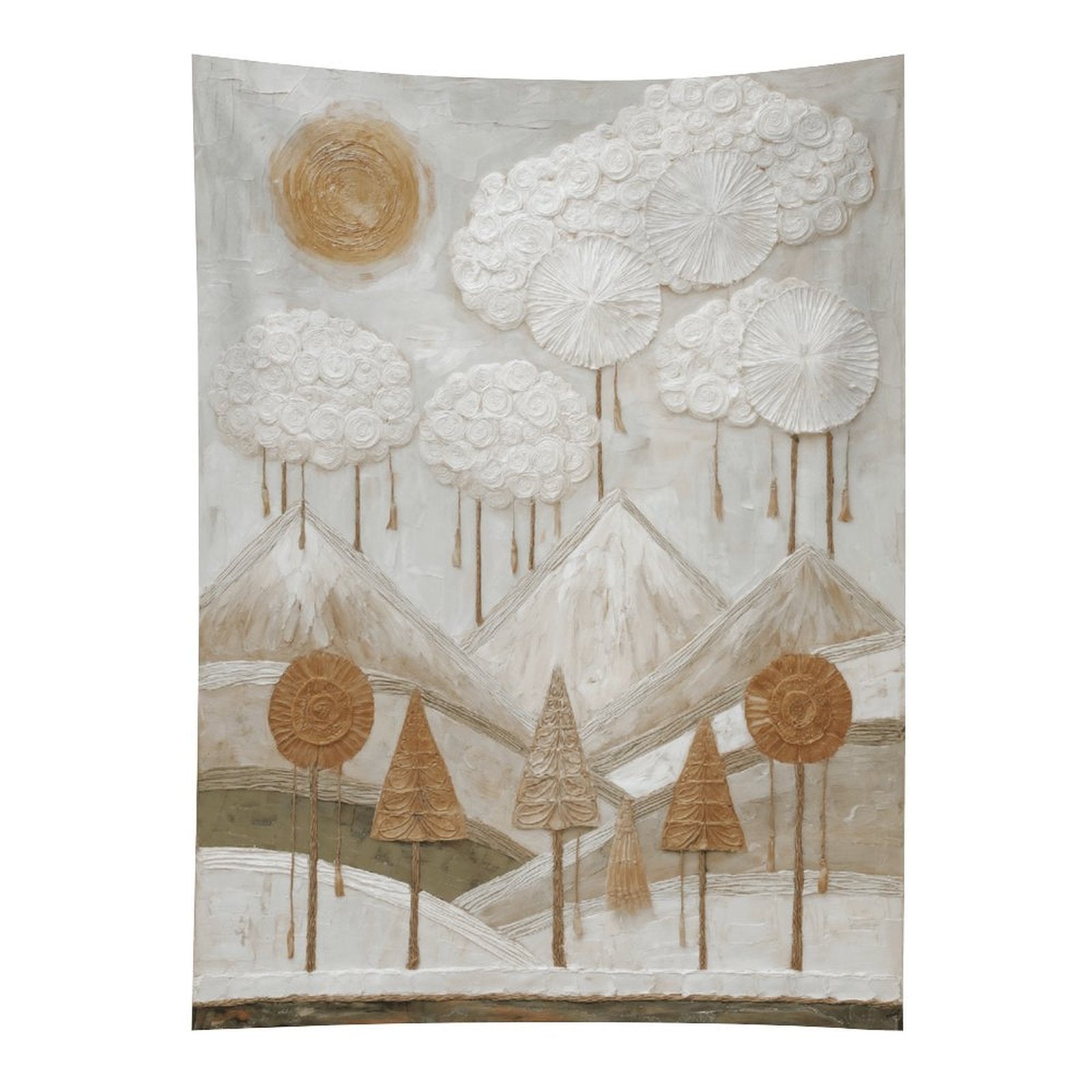 Ethereal Mountain Peaks & Sun Textured Wall Tapestry (Portrait)