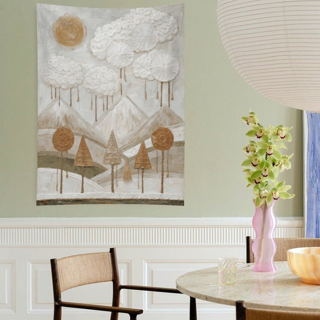 Ethereal Mountain Peaks & Sun Textured Wall Tapestry (Portrait)