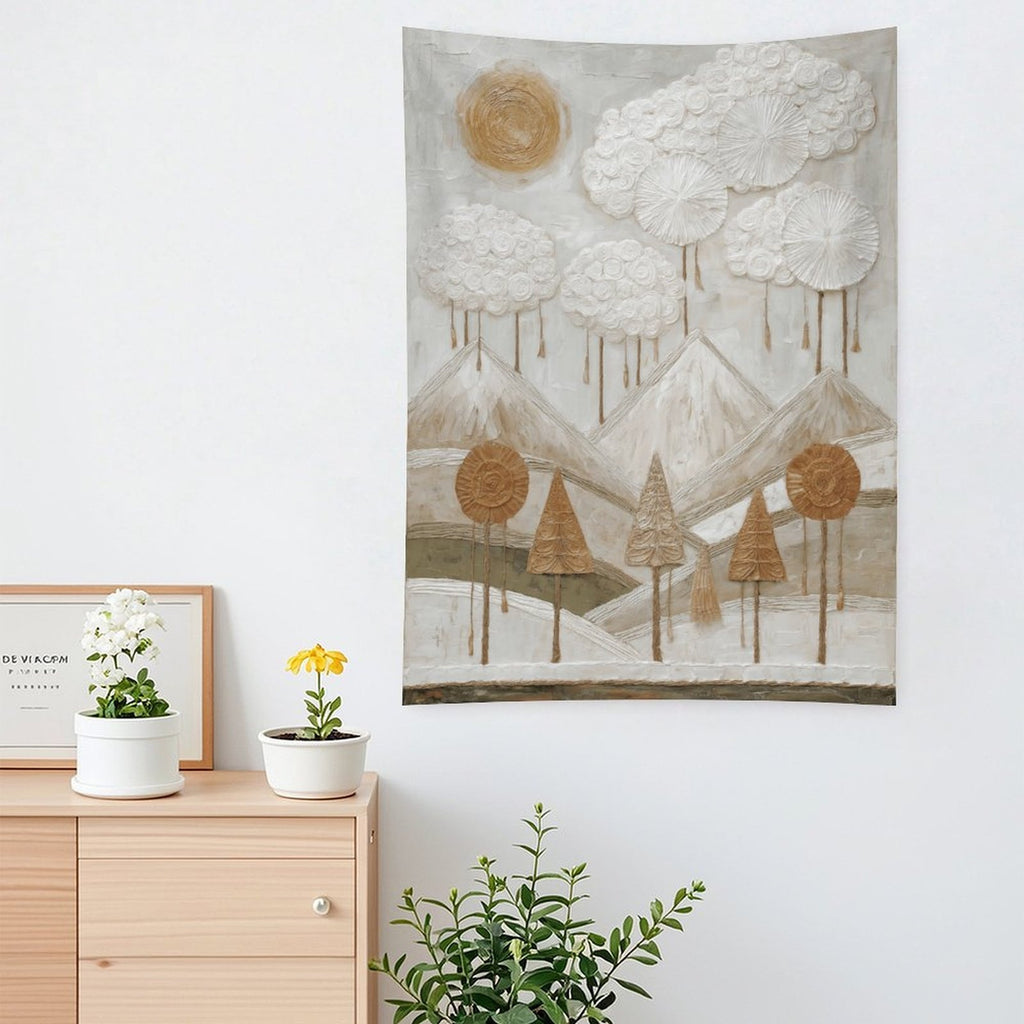 Ethereal Mountain Peaks & Sun Textured Wall Tapestry (Portrait)