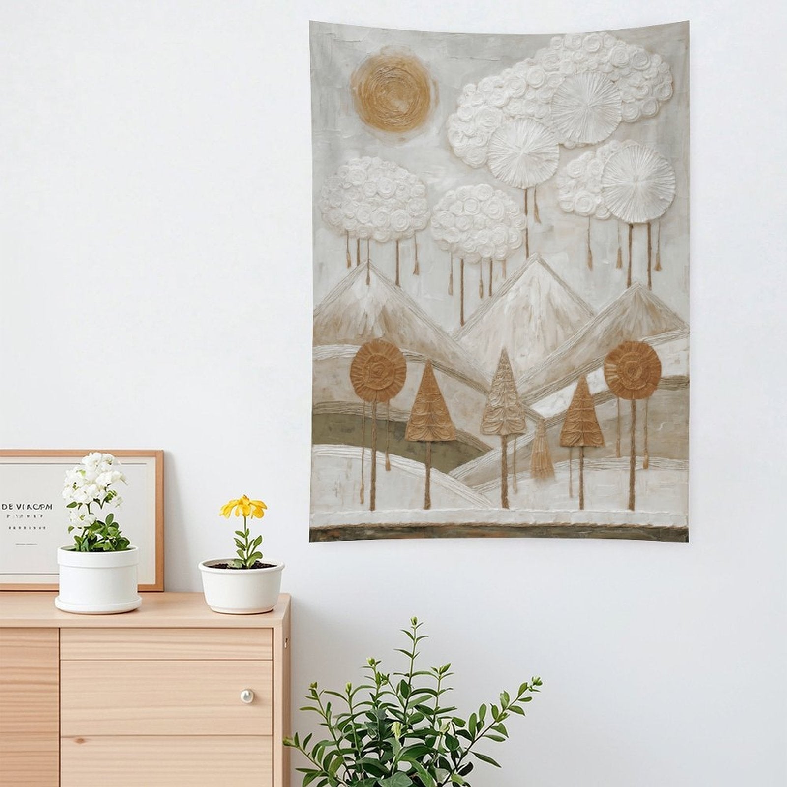 Ethereal Mountain Peaks & Sun Textured Wall Tapestry (Portrait)