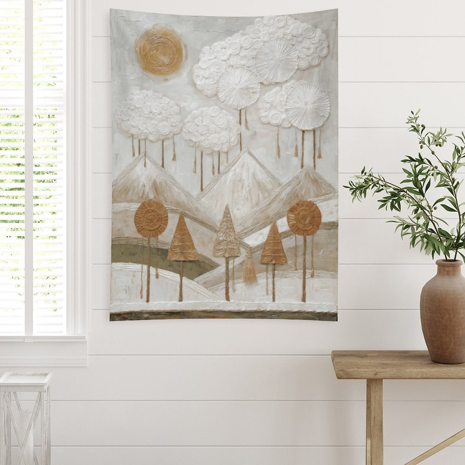 Ethereal Mountain Peaks & Sun Textured Wall Tapestry (Portrait)