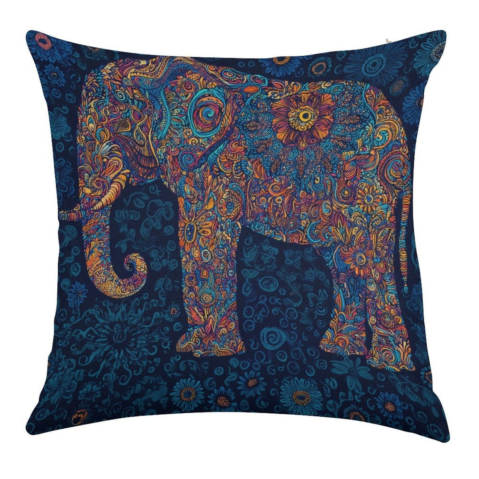 Bohemian Mandala Elephant Faux-Linen Throw Pillow Cover