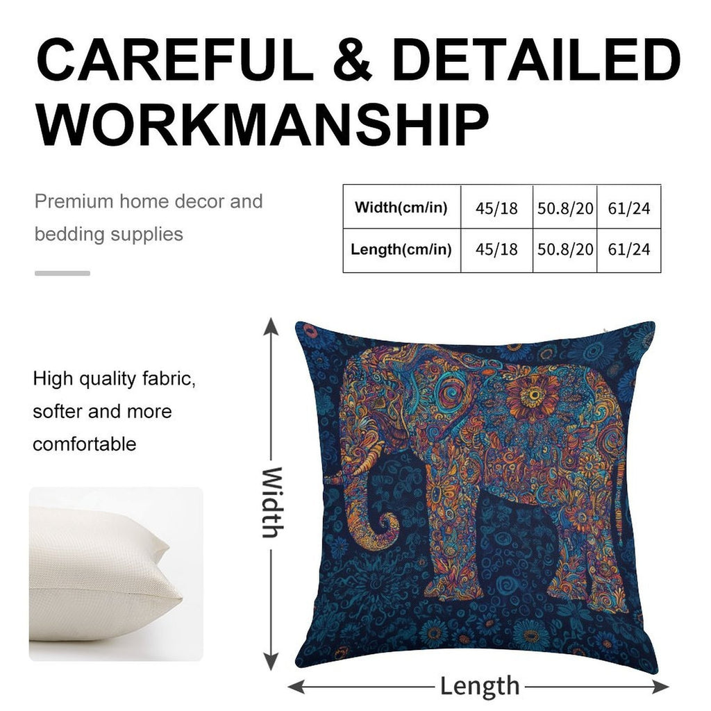 Bohemian Mandala Elephant Faux-Linen Throw Pillow Cover